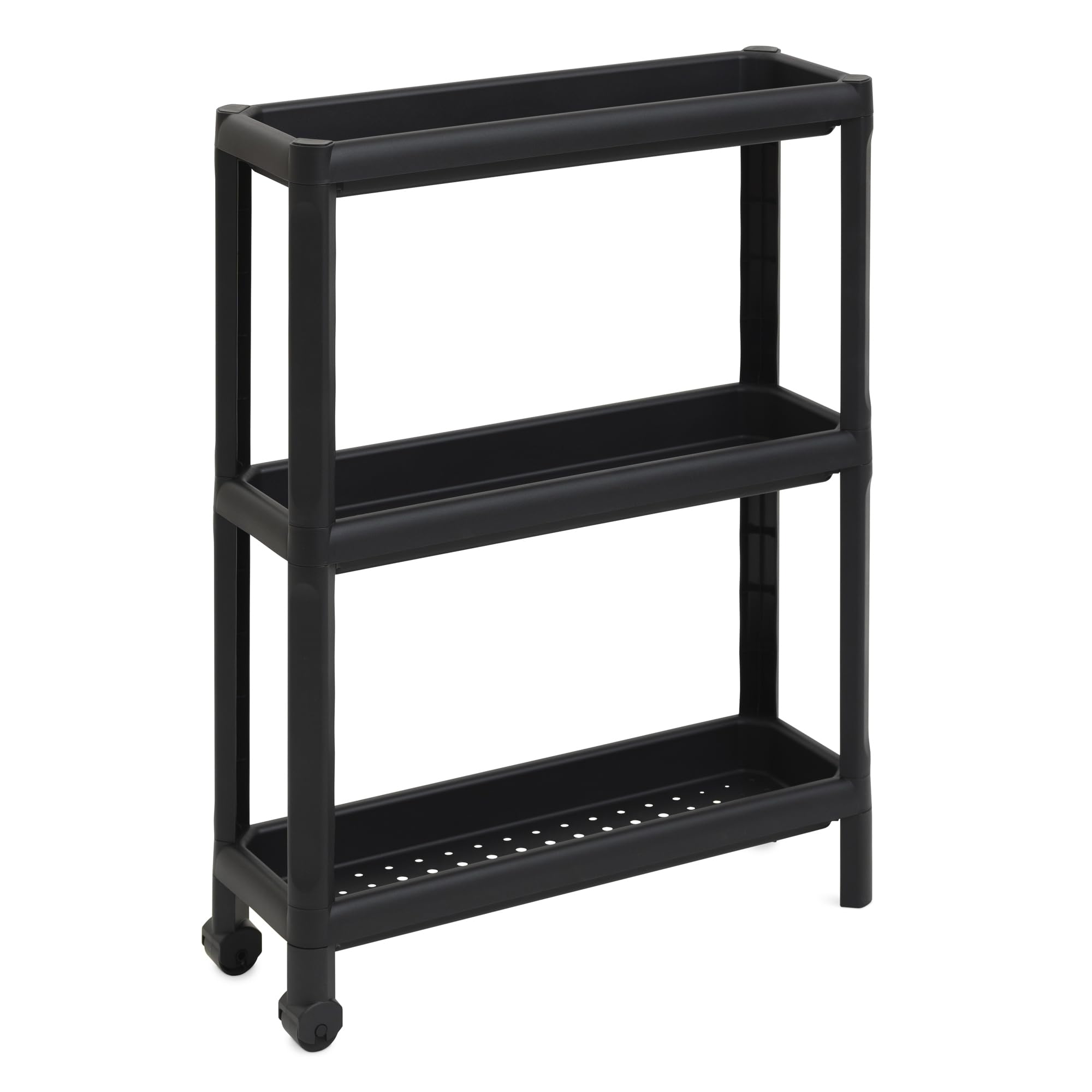 DEA HOME Tina Carrello salvaspazio nero 53x17x71h cm, in plastica resistente con 3 ripiani forati, con ruote e maniglie ergonomiche, pratico e versatile, per riporre oggetti in ambienti domestici