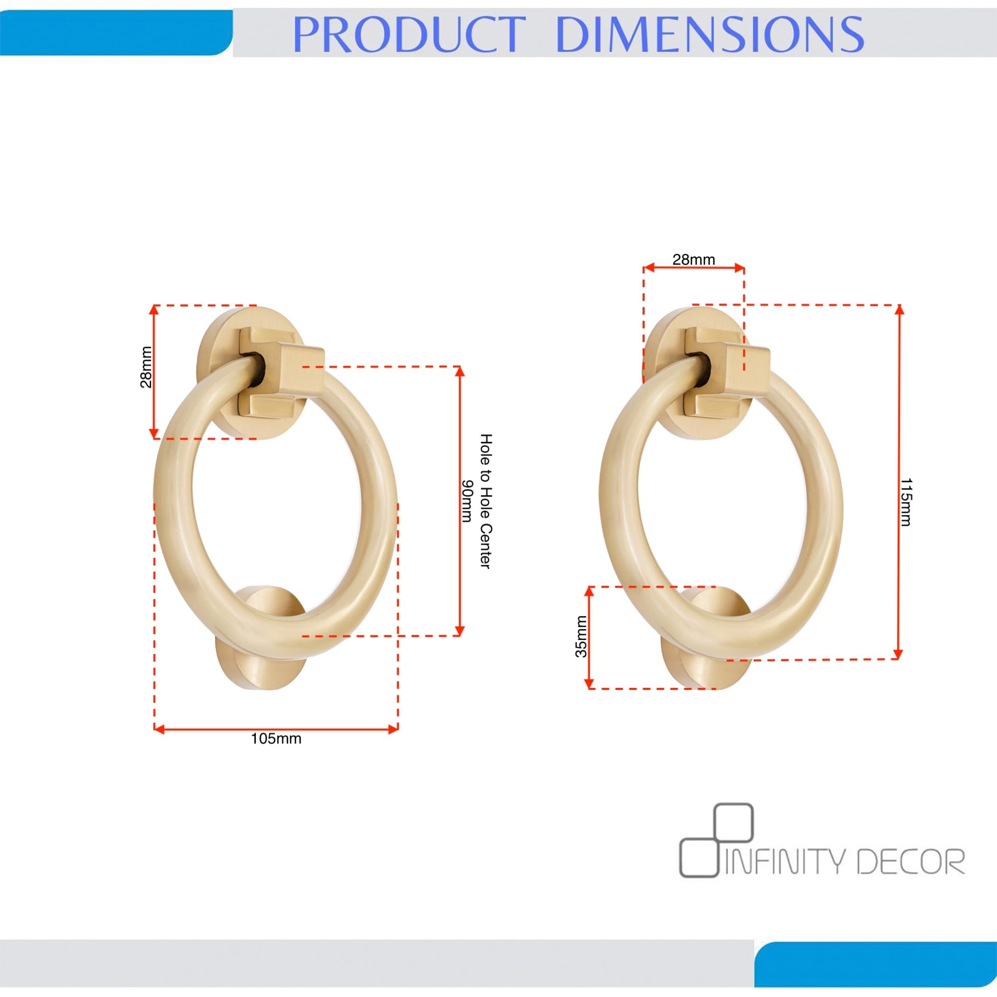 Infinity Decor Wiktoriańska satynowa mosiężna kołatka do drzwi pierścieniowych 110 mm – solidna mosiężna elegancka kołatka do drzwi wejściowych do mebli
