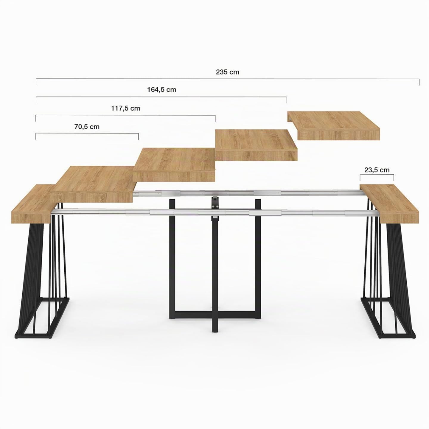 IDMarket - Consolle allungabile YUNA, 10 posti, 235 cm, con piano in legno e gamba in filo metallico nero
