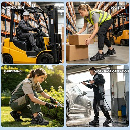 Image of Hogent Steel Toe Shoes for Men & Women, Anti-Smashing Puncture Resistant Lightweight Comfortable Cushioned Work Shoes, All-Day Wear Construction Safety Sneakers Black