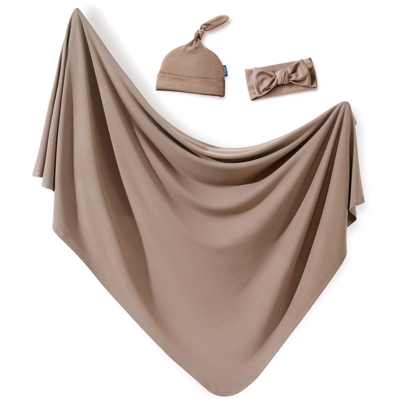 GRSSDER Newborn Swaddle Blanket, Ultra Soft Jersey Receiving Blanket with Matching Headband and Beanie Set 33×44", Stretchy Baby Neutral Swaddle Wrap