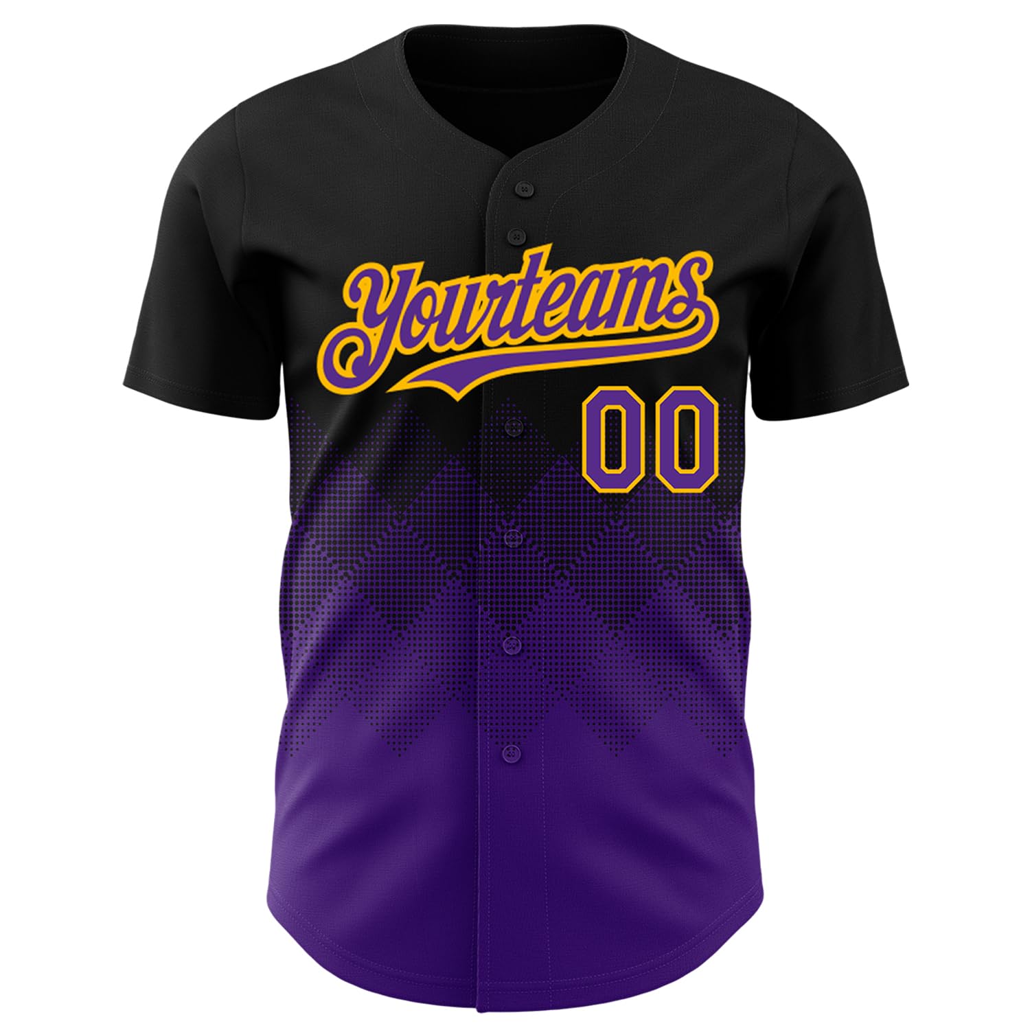 Custom Gradient Baseball Jerseys Black Purple Gold Baseball Shirts Personalized Men Women Youth Slowpitch Softball Team Uniforms Full Button, Stitched Text Logo Sports Fan T-Shirts Short Sleeve Tees