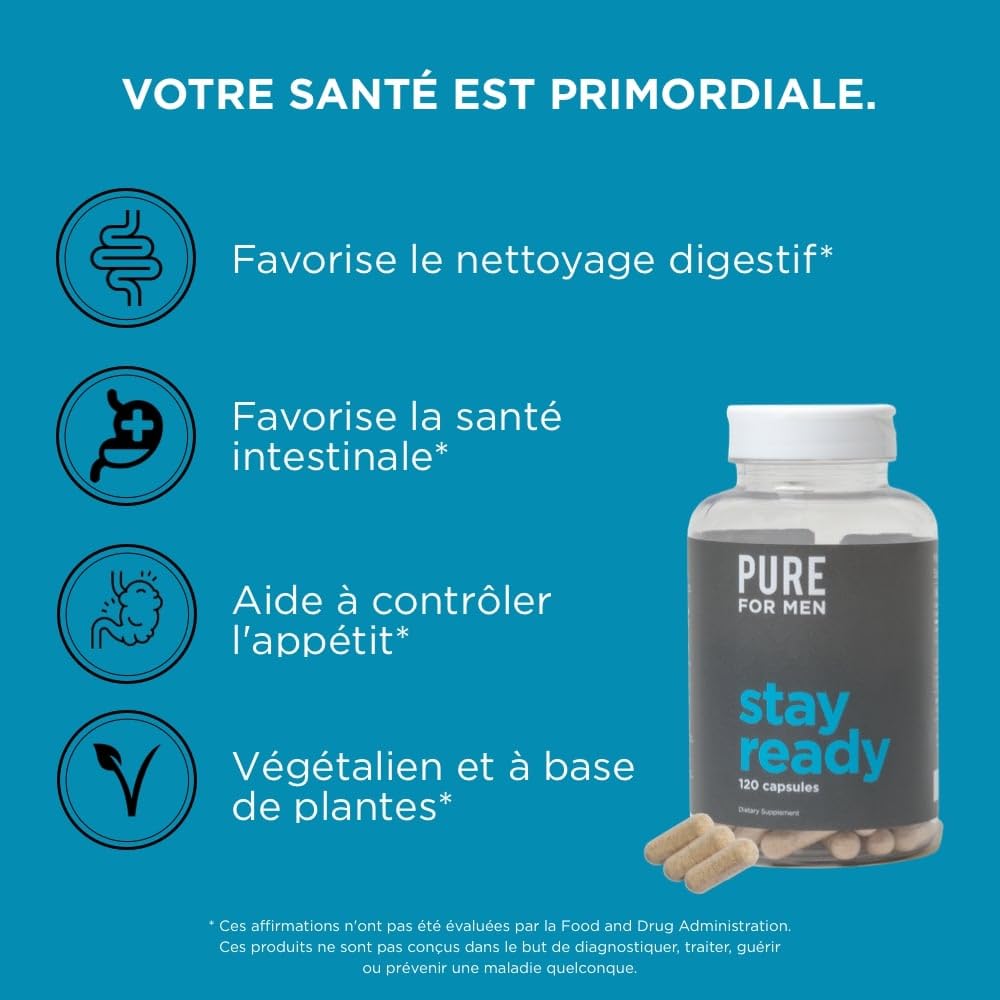 Pure For Men Supplément de fibres Original Cleanliness Stay Ready 120 capsules végétaliennes aide à promouvoir la régularité digestive Cosse de psyllium graines de chia fibres d'avoine