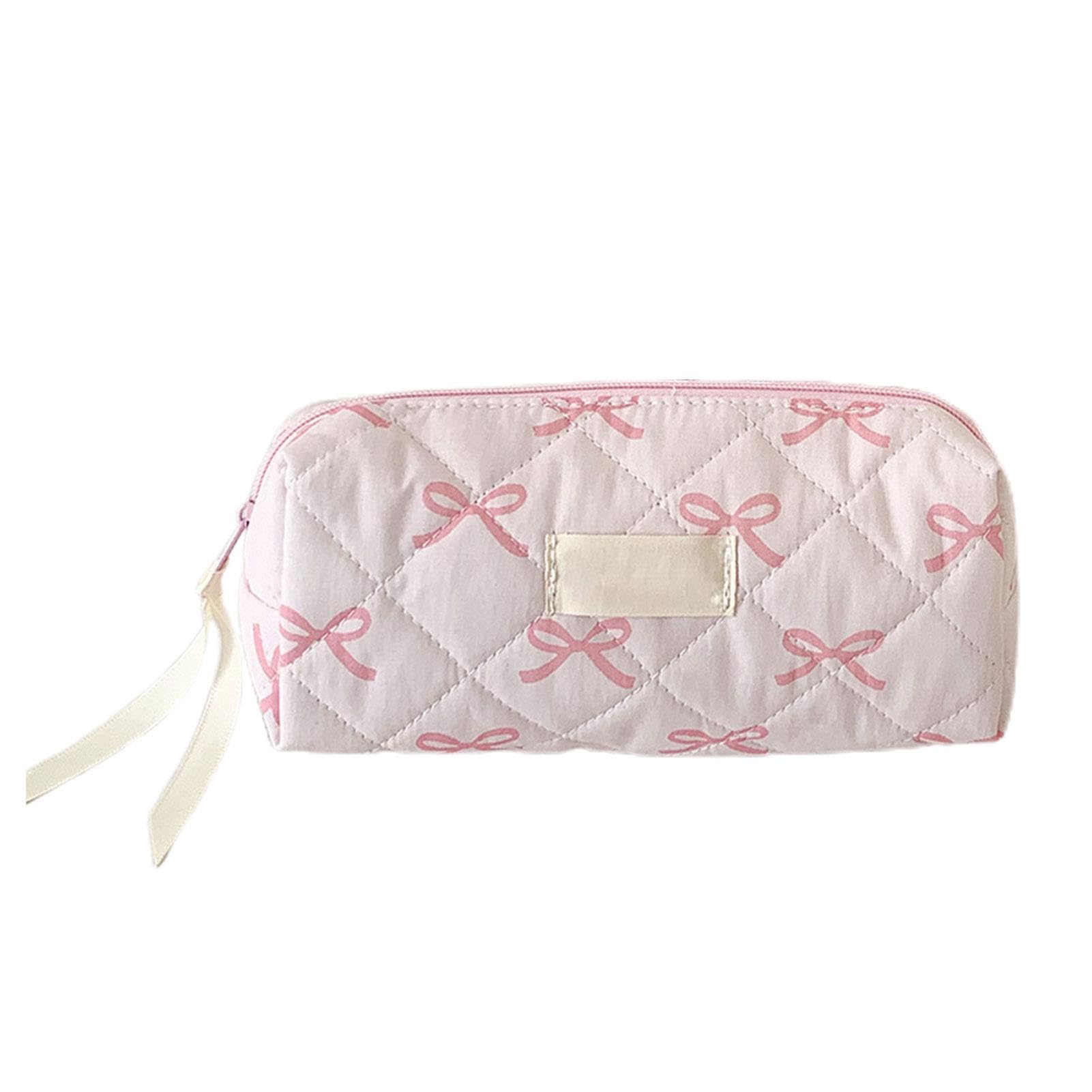 Bow Pencil Pouch, Bow Pencil Case, Bow Makeup Bag, Quilted Pencil Pouch with Zipper, Lovely Storage Case Bags, Portable Pencil Makeup Brush Bags for Home, School, Travel, Studio, 19.5x7x9 CM
