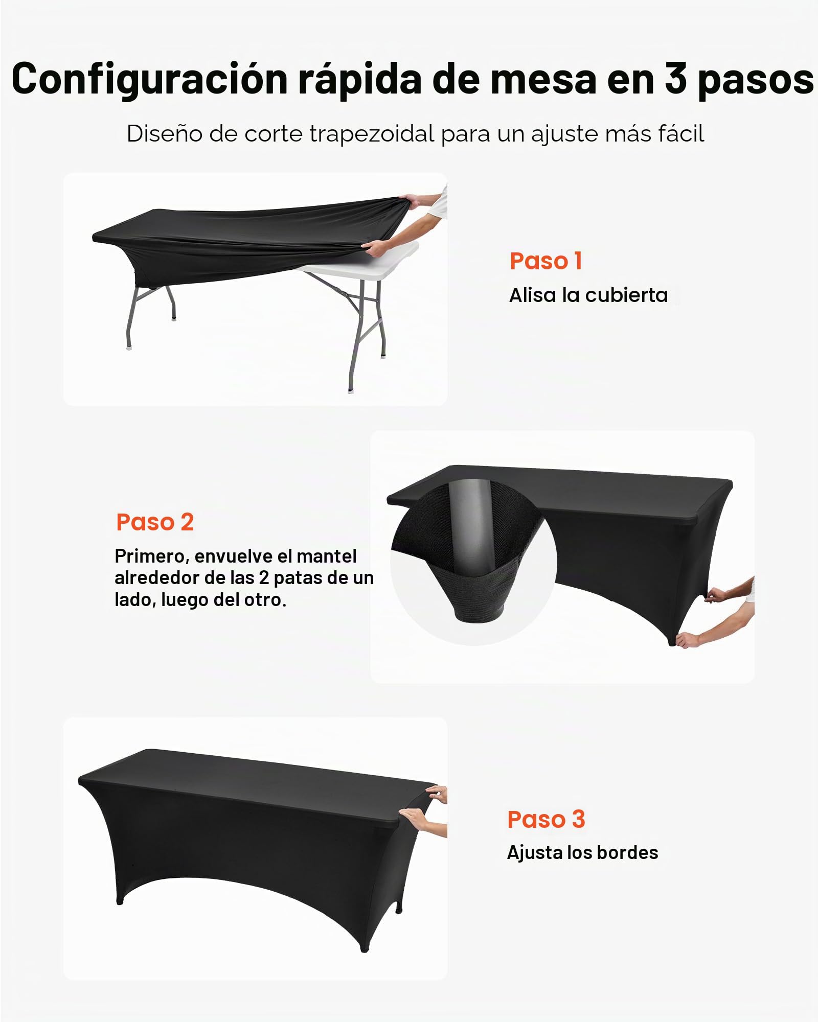 VEVOR Manteles Rectangulares de Licra Elástica para Mesas, Lavables y Antiarrugas, 95% Poliéster y 5% Elastano, para Fiestas, Bodas, Banquetes y Festivales, Negro, 10 uds, 183 x 76 x 76 cm