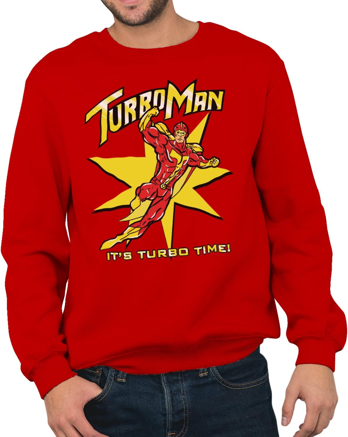 SmartyPants Turbo Man Red Jumper Sweatshirt - Unisex Adults Kids Teens Jingle Bells Action Figure Man Comedy Festive Xmas Christmas Eve Classic Movie Film Cinema Gift Present