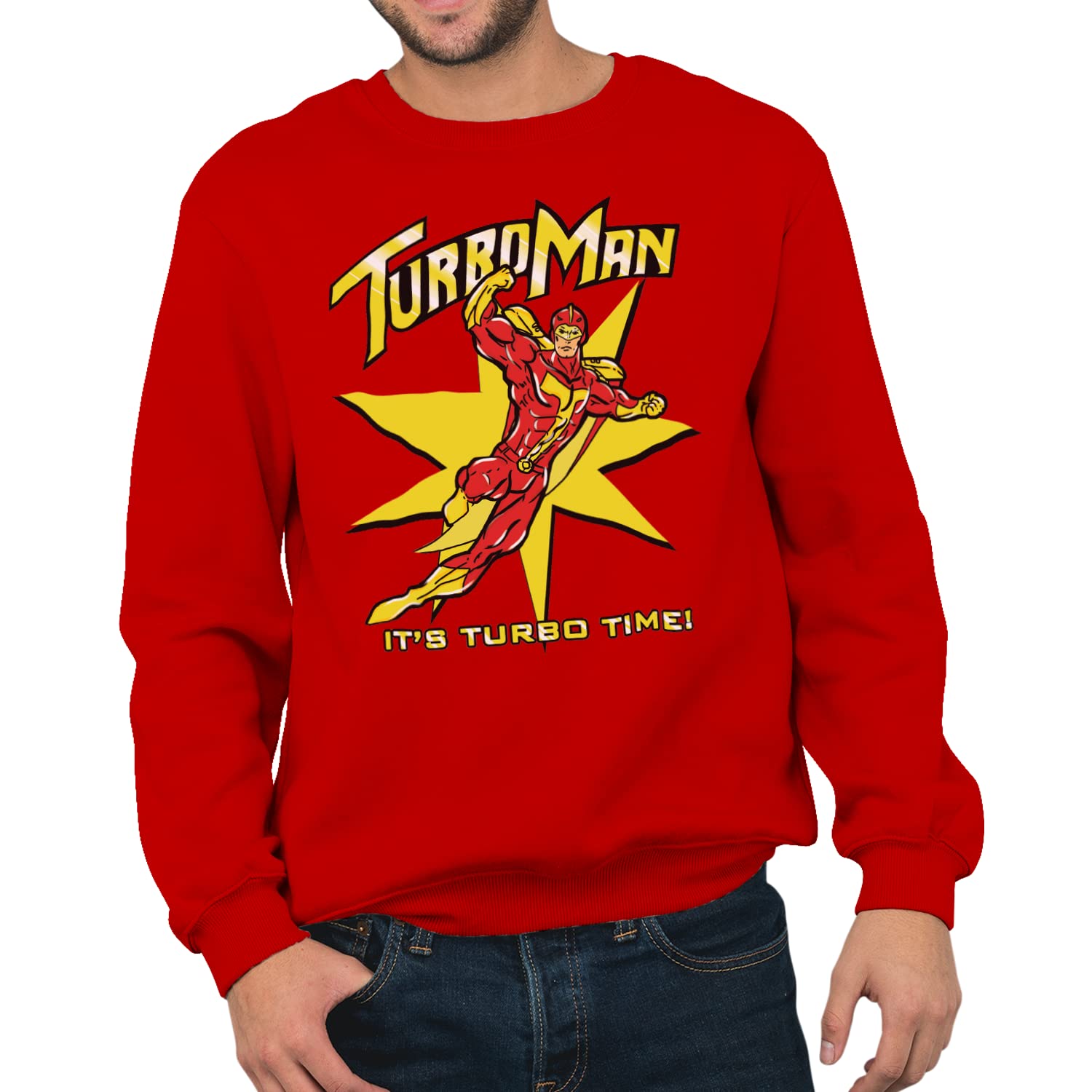 SmartyPants Turbo Man Red Jumper Sweatshirt - Unisex Adults Kids Teens Jingle Bells Action Figure Man Comedy Festive Xmas Christmas Eve Classic Movie Film Cinema Gift Present