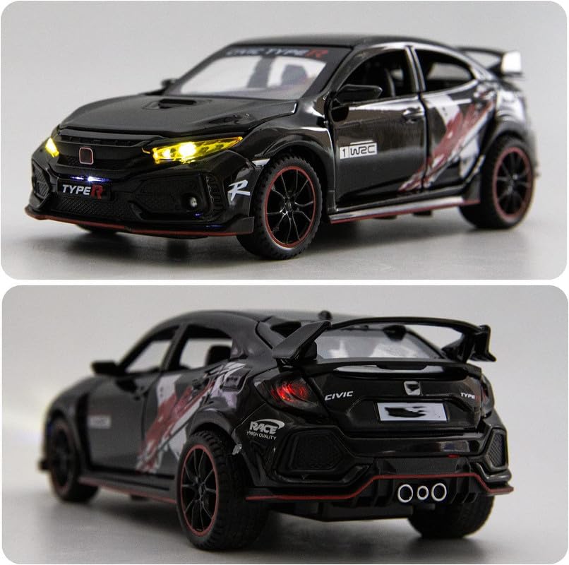 Image of PINQUE Kids New Car 1:32 Civic Type R Diecast Alloy Metal Pull Back Car with Openable Doors Music Sound and Light Vehicle Toy Car for Boys (Black)