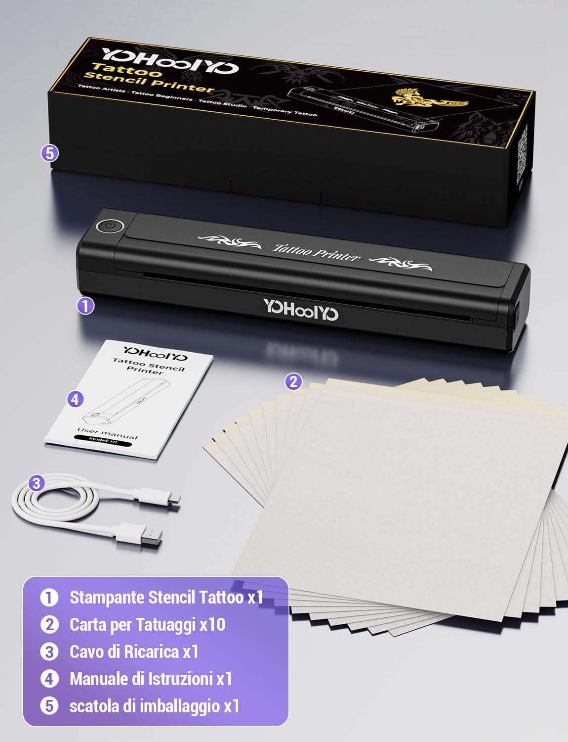 YOHOOLYO Stampante Stencil Tattoo Termica Senza Inchiostro Ricaricabile Portatile per Tatuaggi con 10 Fogli di Carta
