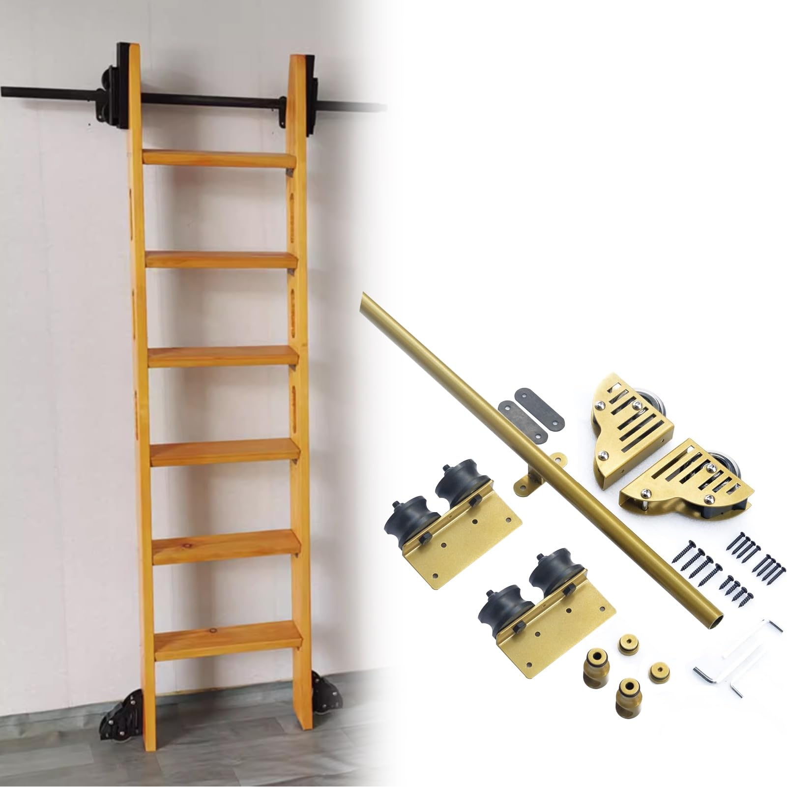 LWJSOCP 100-732cm Sliding Library Ladder Hardware Kit Closet Track Kit, Gold Rolling Ladder Track Rail for Loft Office, Mobile Slide Rails Kit, (no Ladder)(16ft/500cm Track kit)