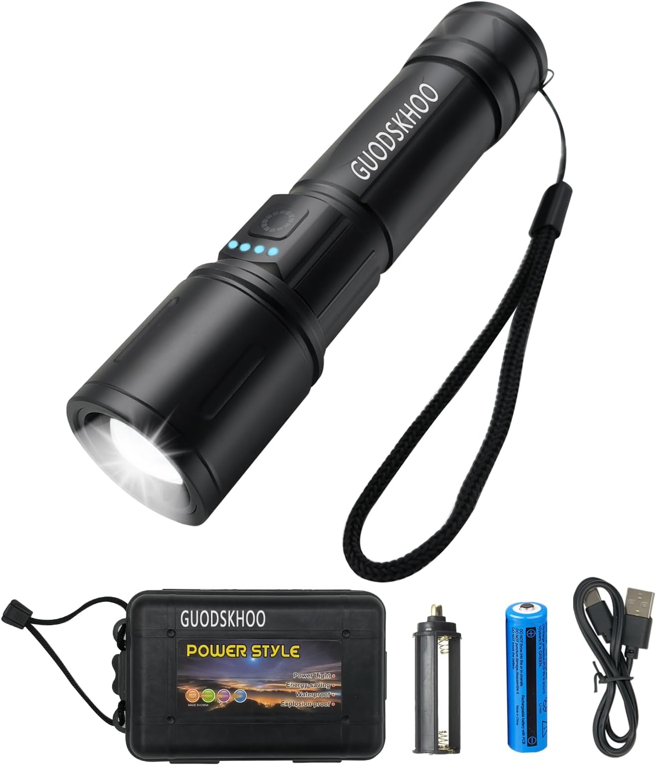 Torcia Tascabile LED Ricaricabile, Potente, In Alluminio Nero, Per Camping E Uso Tattico