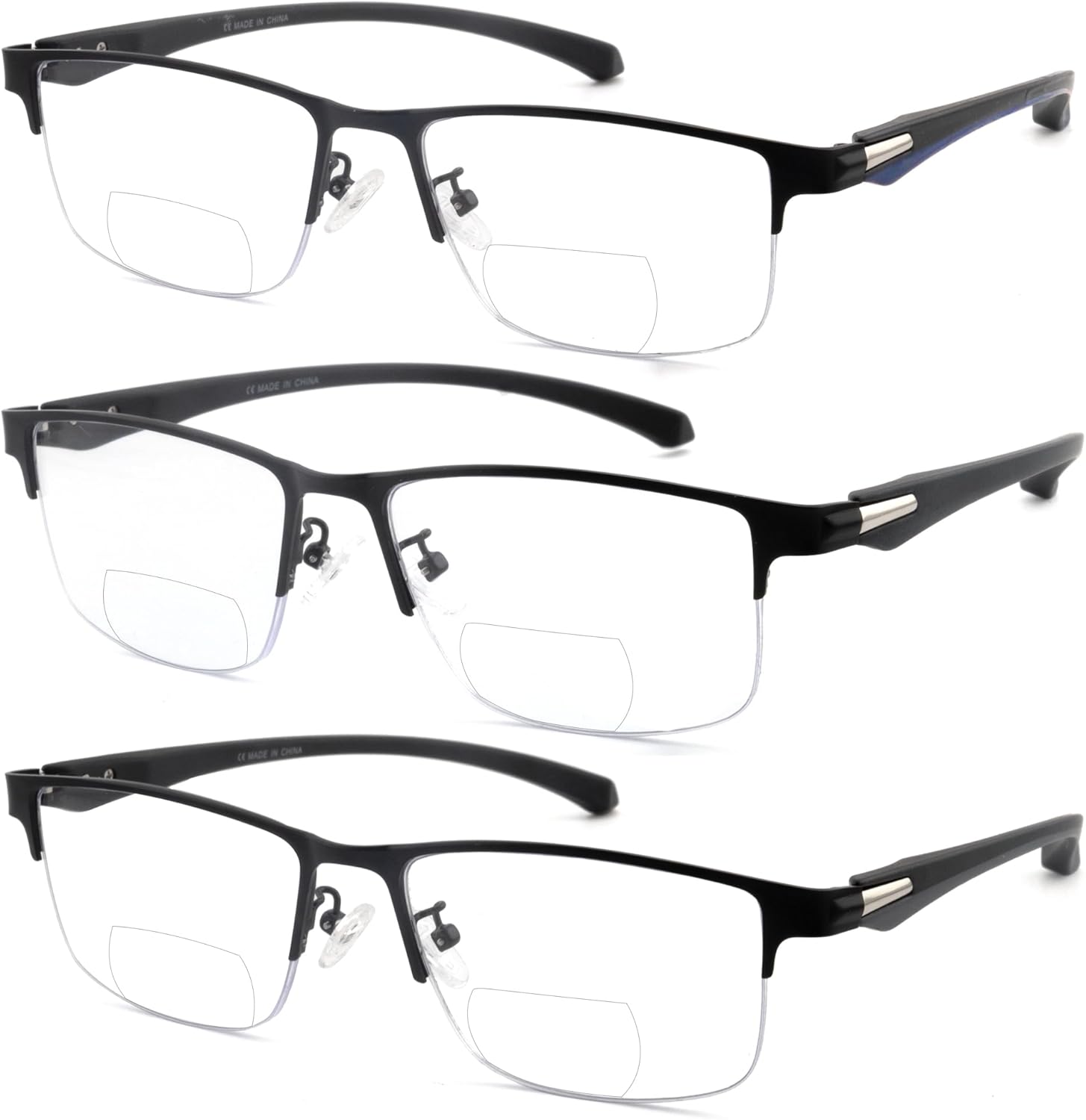 3 Pack Bifocal Reading Glasses Men Blue Light Blocking Metal Half Frame TR90 Temples MultiFocal Readers with Spring Hinges(2.5x)