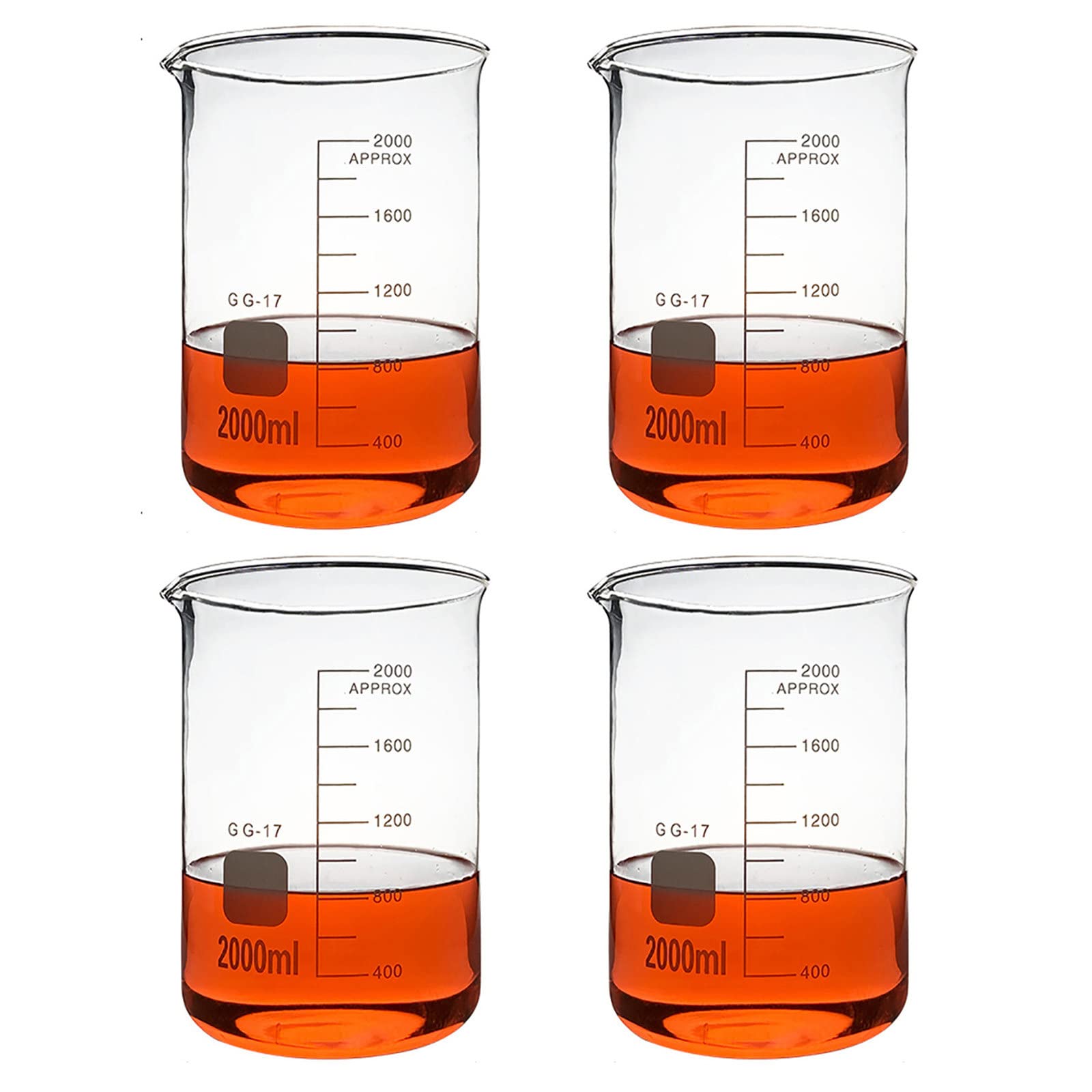 4 vasos de precipitados de vidrio, (1000 ml, 2000 ml, 3000 ml), vaso de laboratorio de borosilicato transparente, vasos de medición de vidrio de forma baja con graduación y pico, reutilizables, para