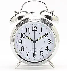 Relógio Despertador Analógico Vintage Antigo com Visor de 8 cm e LED para Visualização Noturna (Cromo)