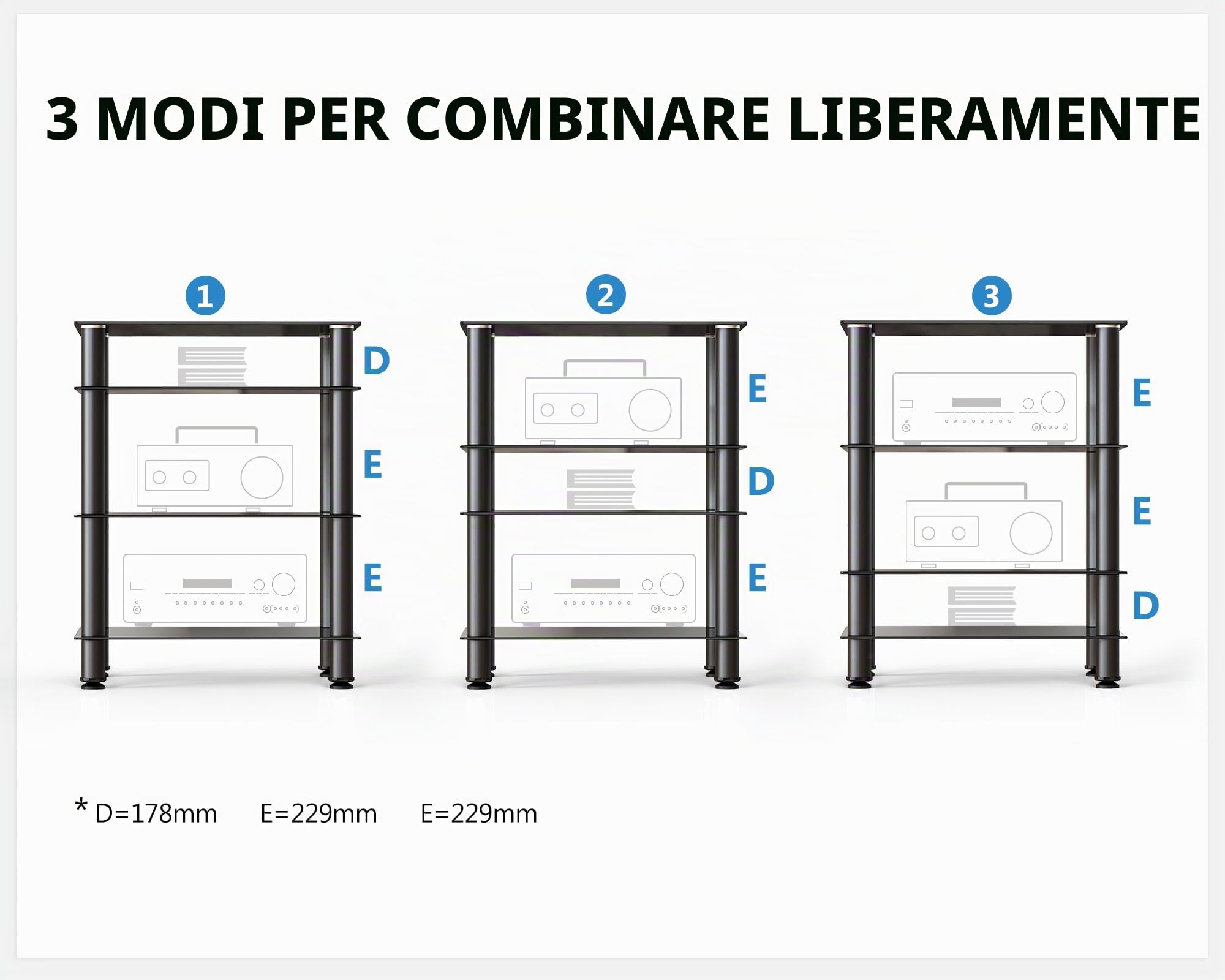 FITUEYES Supporto HIFI a 4 Livelli con Vetro Temprato Nero, Rack HiFi Altezza Regolabile e Piedini Livellatori, Mobile Giradischi 60 × 46 × 77 cm, Carico 40 kg, per Amplificatore/Giradischi