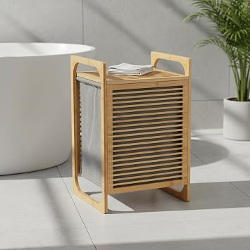 Deconox Doğal Bambu Çamaşır Sepeti (40x35x60 cm) - İçi Bezli, Kapaklı ve Hasır Kulplu Ahşap Kirli Sepeti