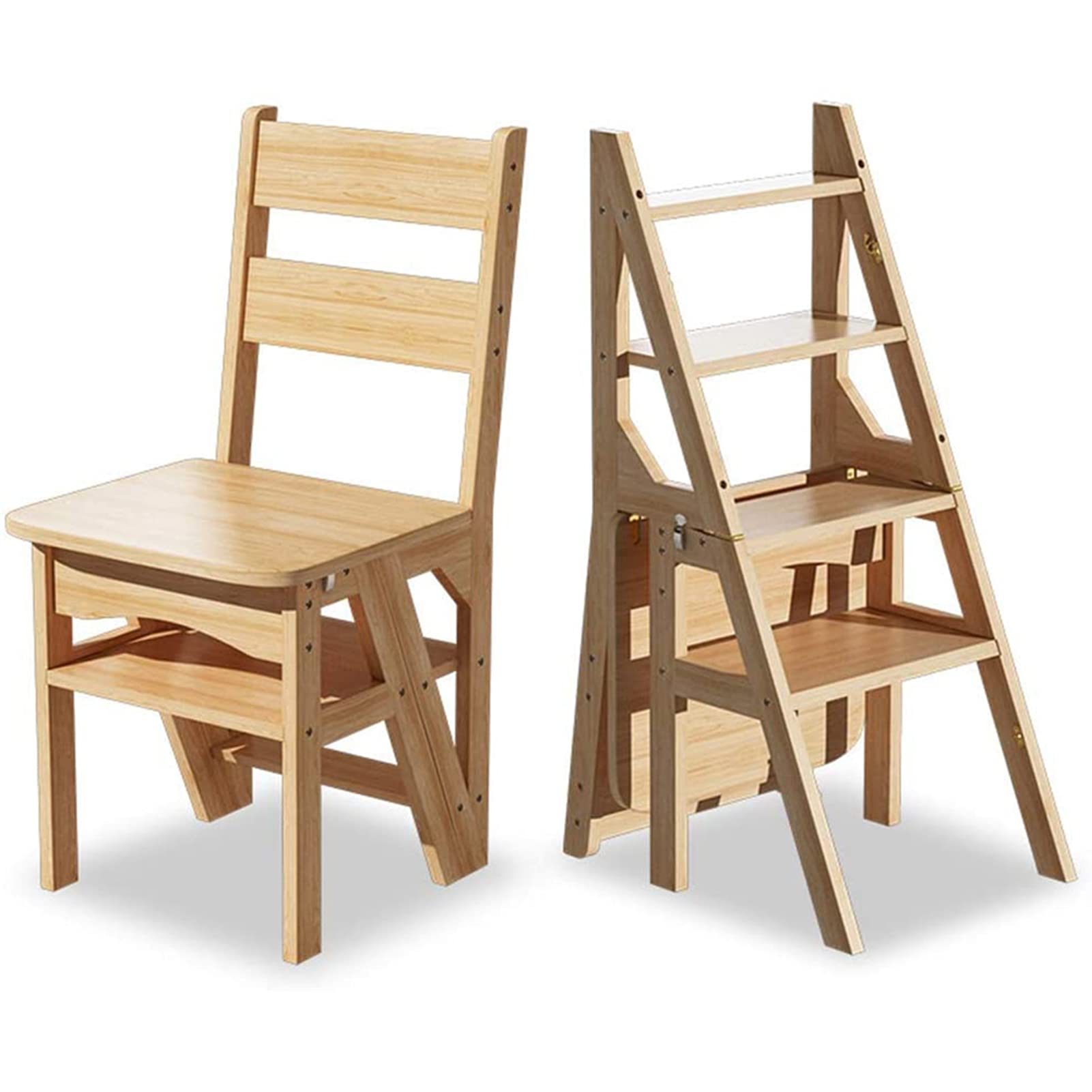ZGYOZMNG 4 Step Ladder Stool | Wooden Stepladder | Folding Ladder Chair | Multifunctional Safety Step Stool, House (natural) (Natural)