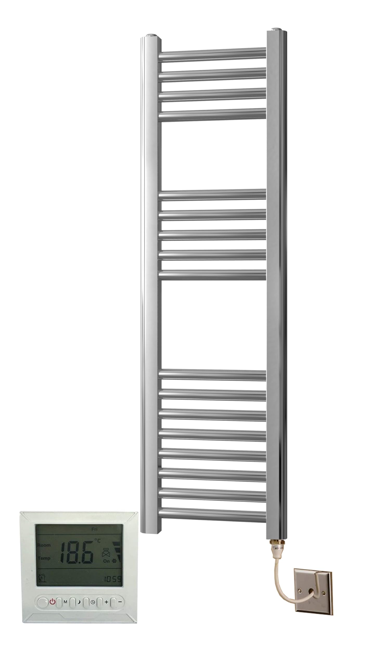 Greened House Chrome Straight Electric Towel Rail 300mm wide x 1000mm High Towel Radiator + 7 Day Timer/Thermostat