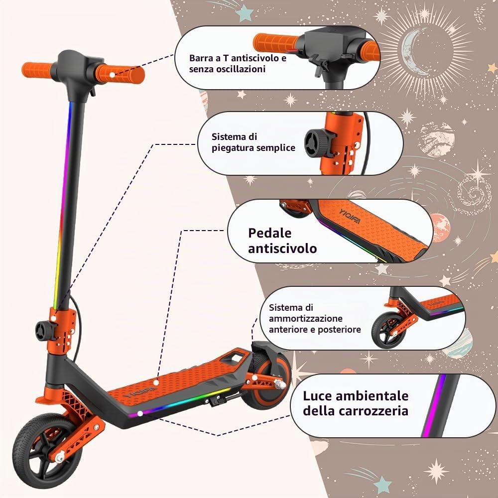 Monopattino Elettrico per Ragazzi U8 Fuoristrada - Doppia Sospensione - 16km/h Max, 10km Autonomia - Pieghevole e Leggero (6.7kg) - Motore 110W - Per Bambini 8-16 Anni (Arancio)
