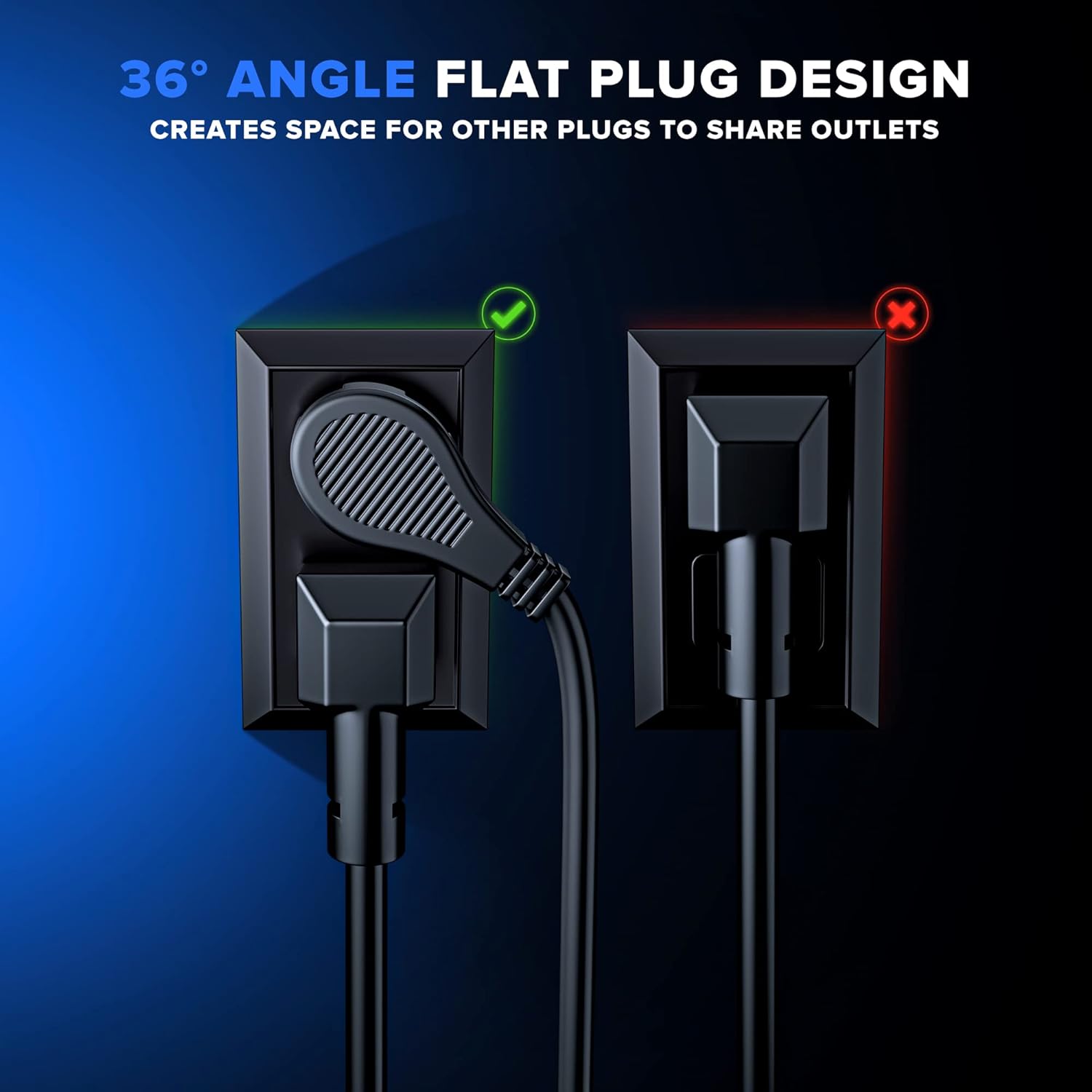 Maximm Flat Plug Extension Cord 3 ft with Slim Space-Saving Plug Design, Low Profile Extension Cord 16AWG (Black, 2 Pack)