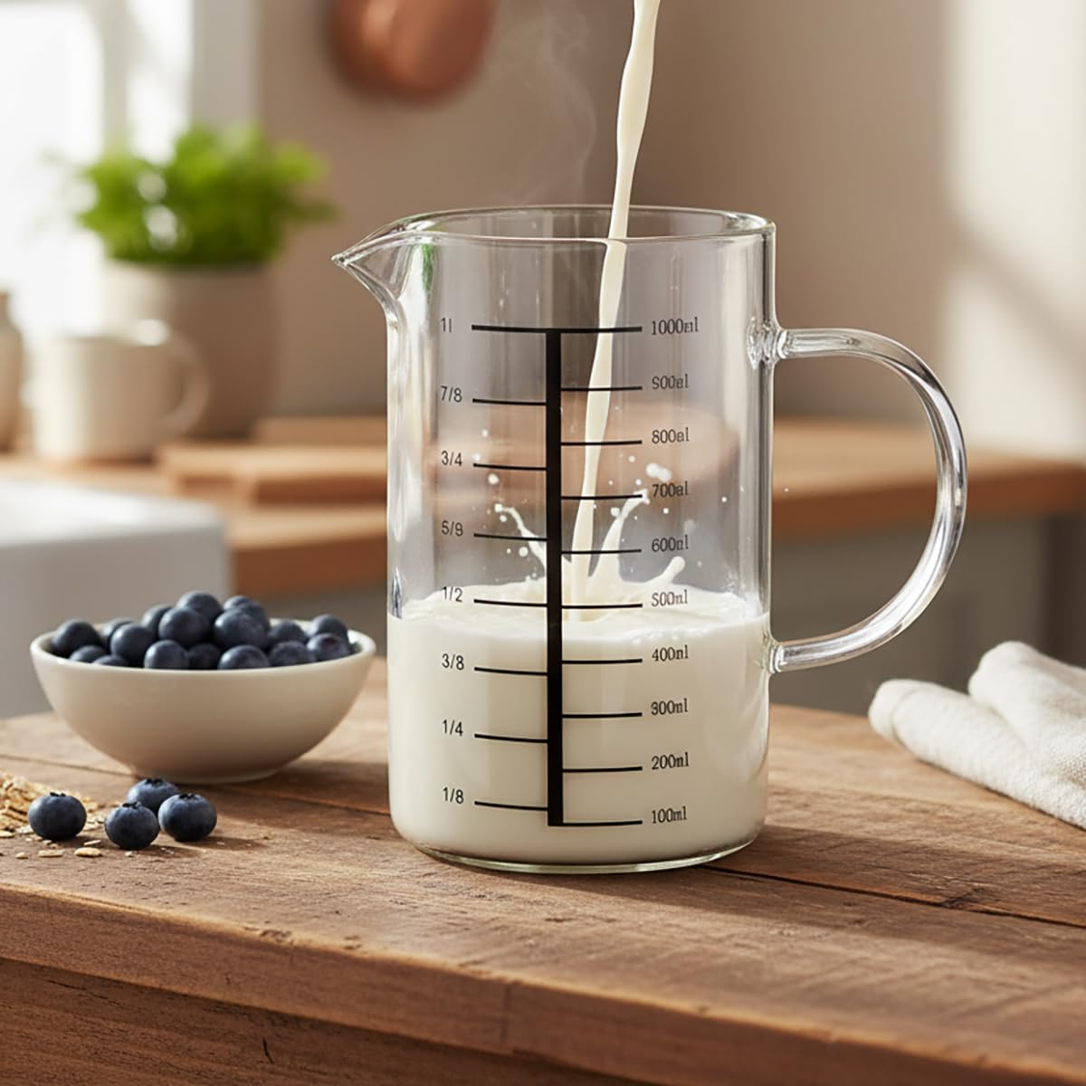 com-four® 3x jarra medidora de vidrio 1 litro, resistente al calor | asa y boquilla para cocina y repostería
