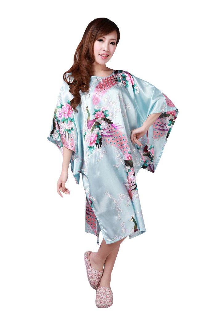 Jtc Women's Ligth Blue Peacock Flower Printed Satin Nightgown Sleepwear Loose Sleeve Kimono Dress Nightdress (Ligth Blue Peacock)