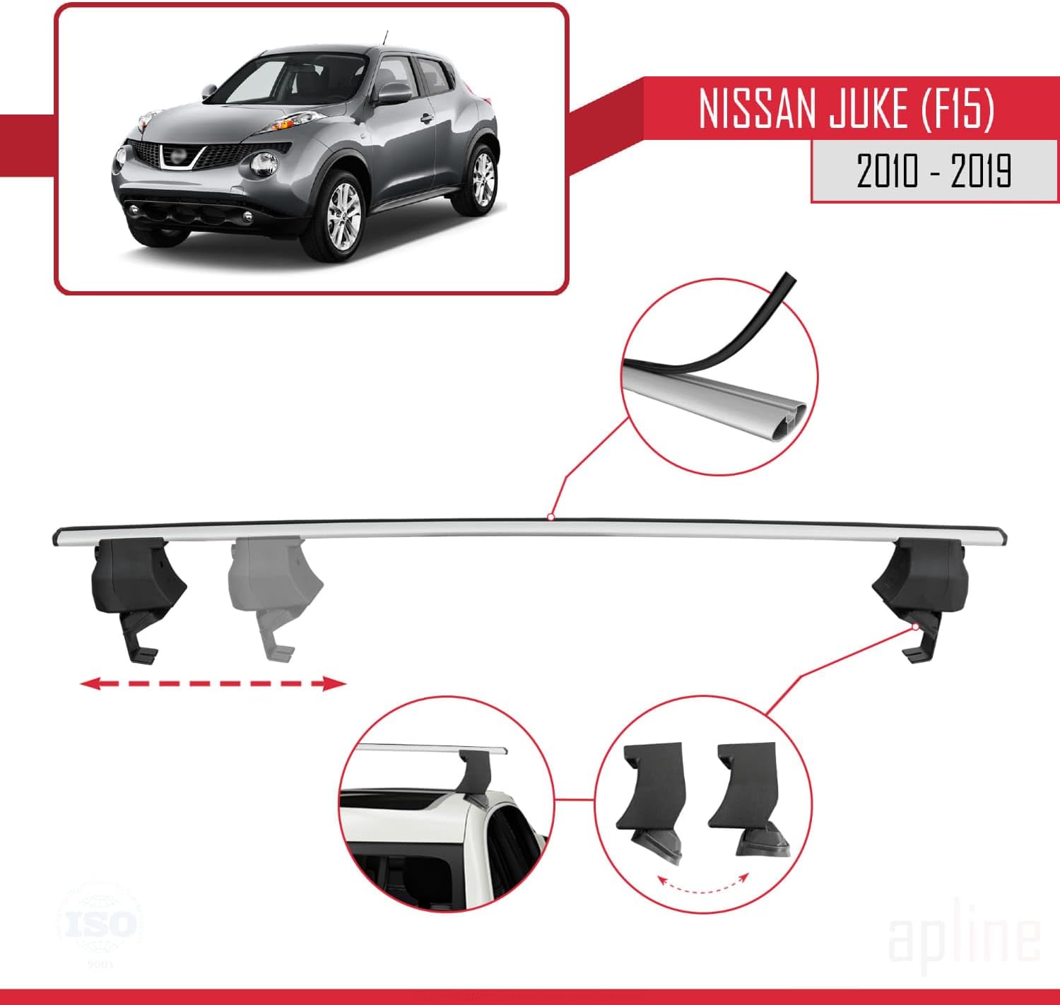 Compatible with Nissan Juke (F15) 2010-2019 ACE-4 Car Roof Rack Cross Bar Grey Aluminium 2 Bars
