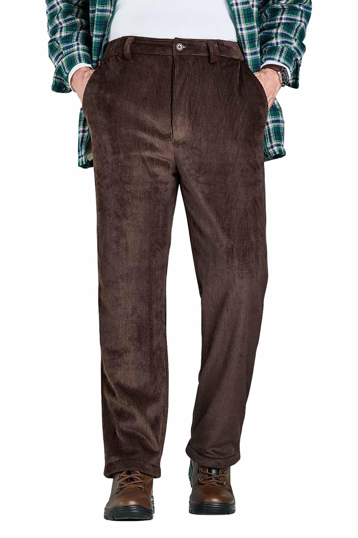 Pegasus Men's Brown Sherpa Lined Corduroy Trousers With Stretch Waist, 8 Wale Cord Thermal Pants With Button & Zip Fly