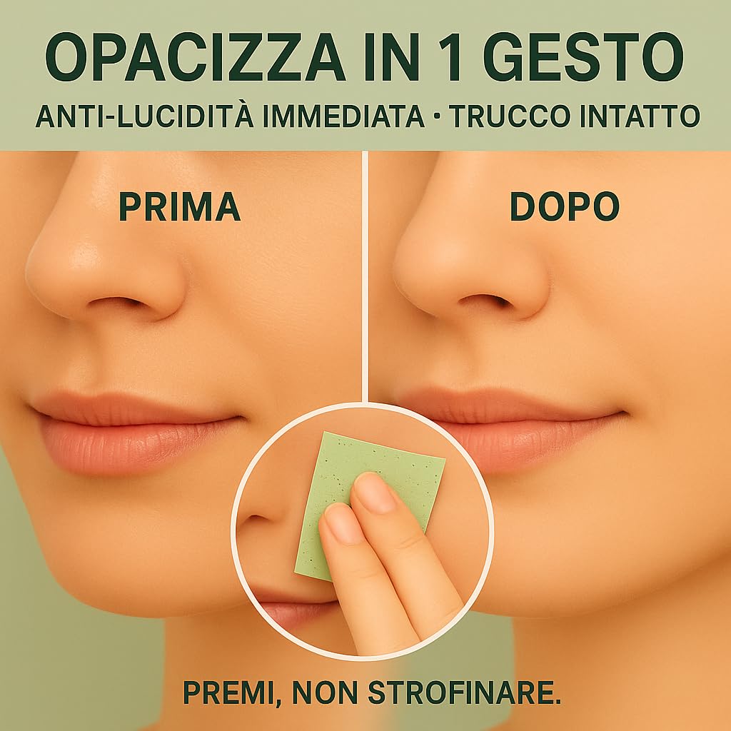 Confezione da 300 fogli assorbenti al tè verde, fogli assorbenti per il viso anti-lucidità, assorbono il sebo in eccesso, non alterano il trucco, formato tascabile per pelli grasse