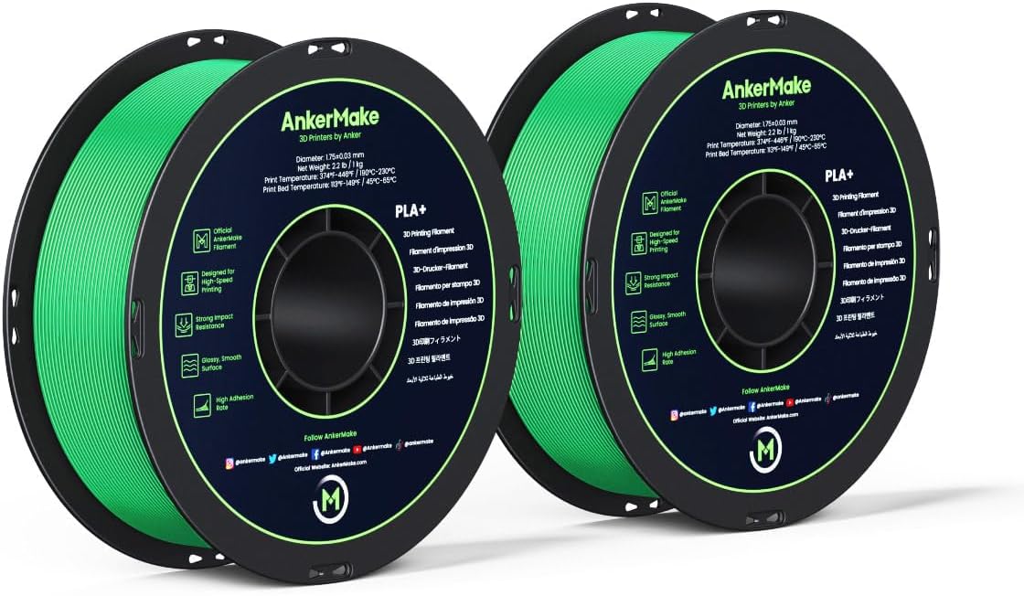 AnkerMake PLA+ 3D Printing Filament, AnkerMake Official Filament, 2-Pack, 4.4 lb / 2 kg, Smooth, High-Adhesion Rate, Designed for High-Speed Printing - Green