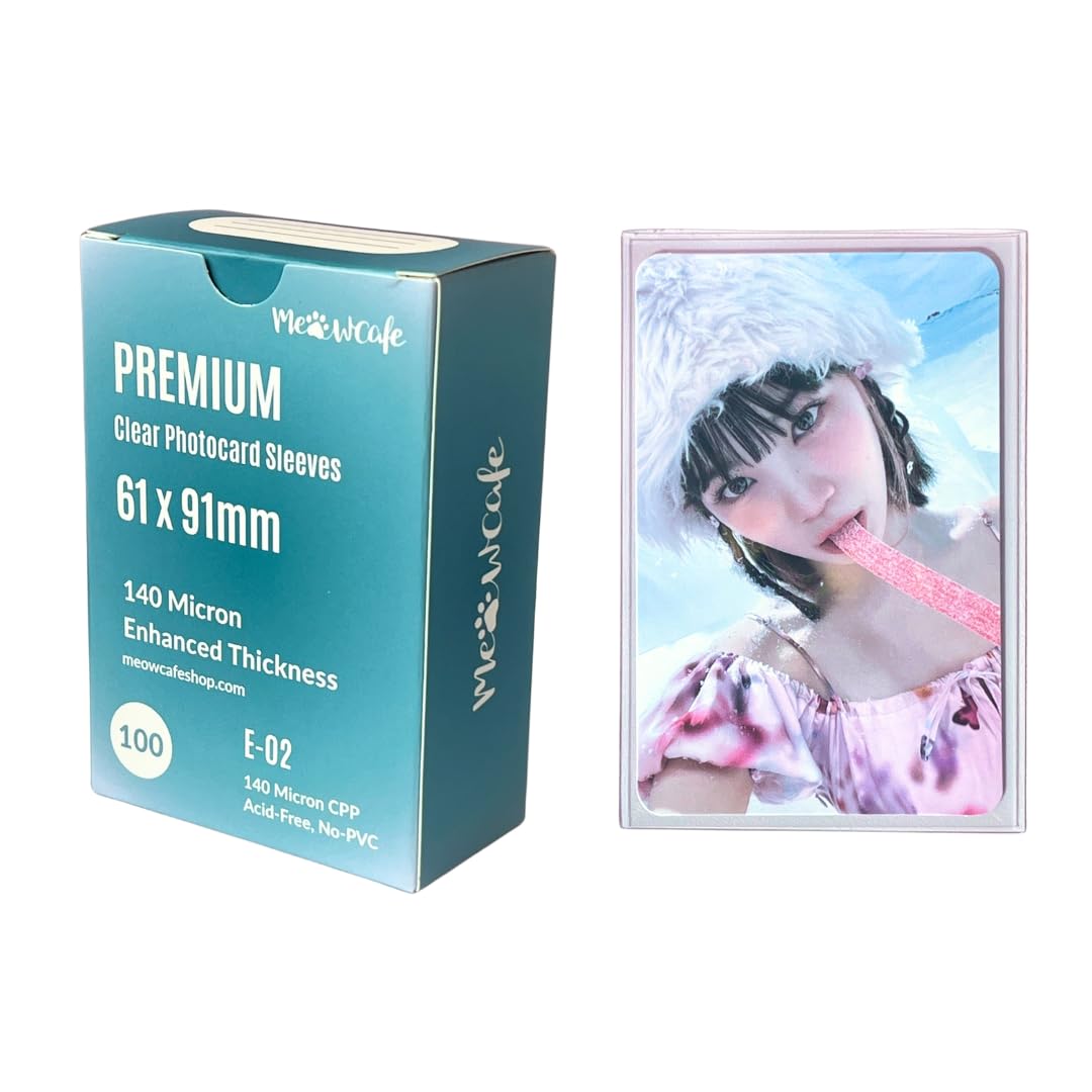 MEOWCAFE Premium CPP Card Sleeves in Box Design, Strong, Thick, High Clarity Kpop Photocard Sleeve, 100 Sleeves (61x91mm (140 Micron))