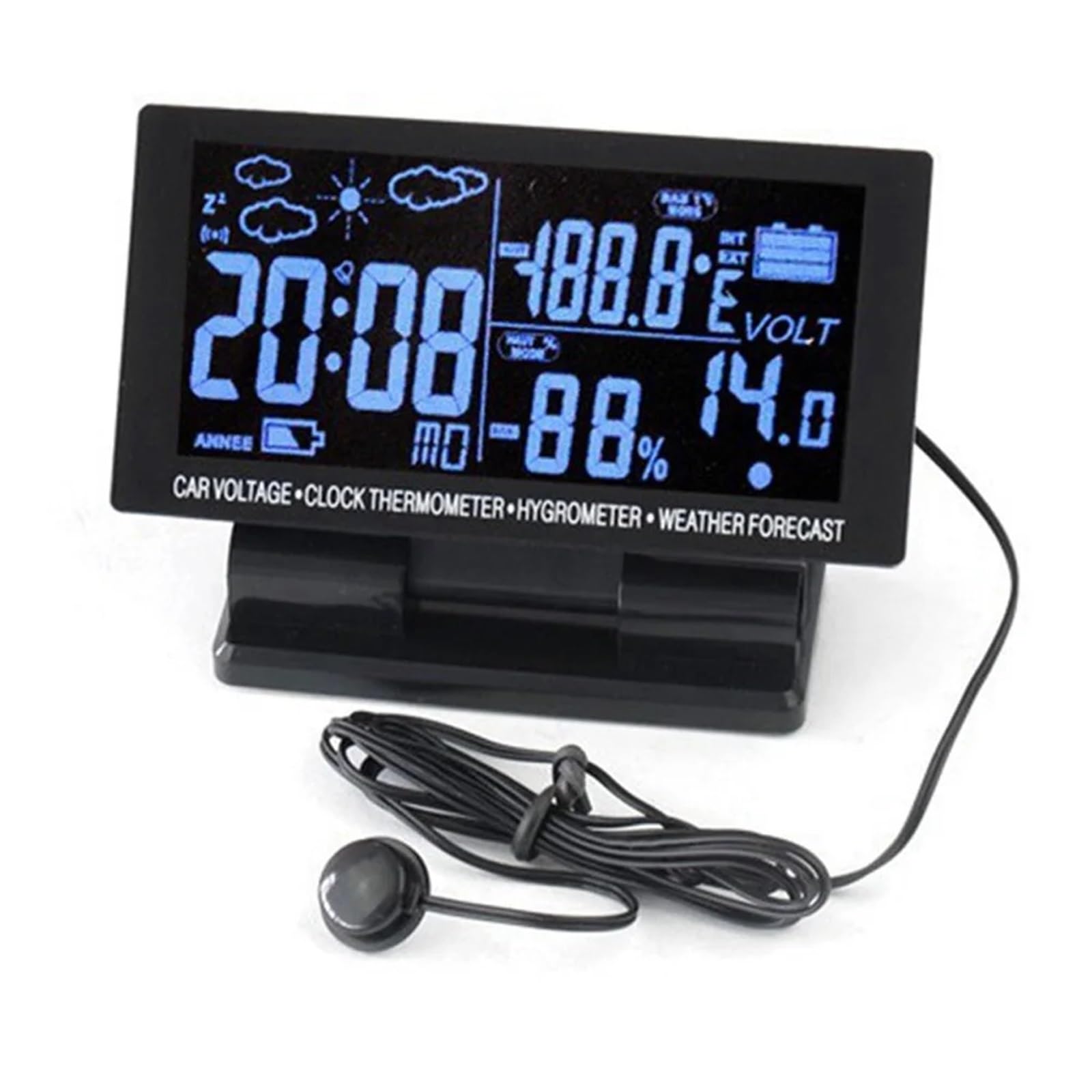 4 en 1 termómetro digital para coche higrómetro 12 V pantalla LCD reloj de voltaje autopartes