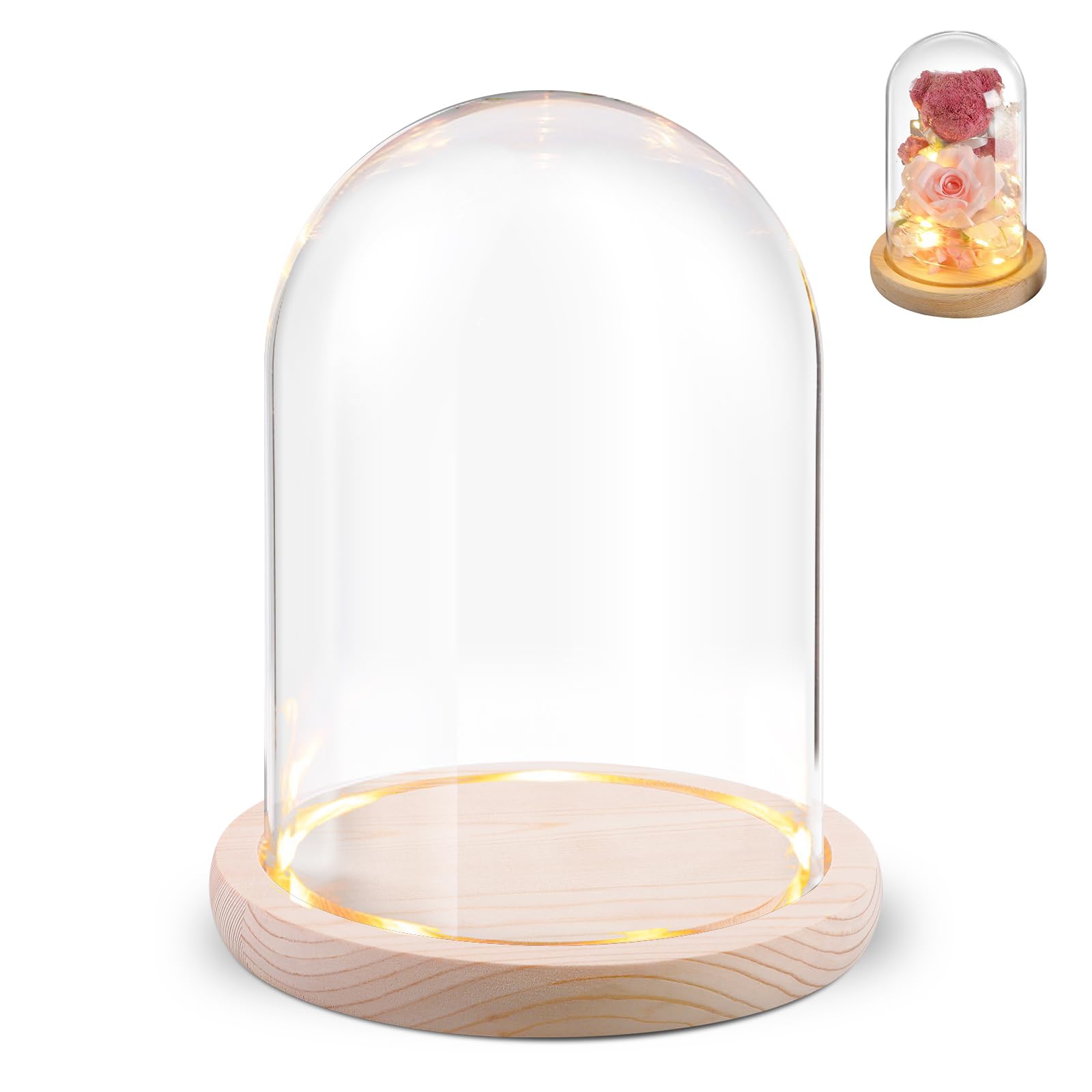 PORFOYO Campana in vetro con fondo in legno, decorazione a cupola di vetro, 12 x 16 cm, per bambole, candele