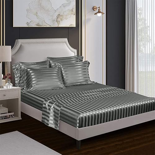 Miniatura 3 de AiMay 6 Piece Satin Italian Style Bed Sheet Set Deep Pocket Stripes 1800 Luxury Rich Silk 1 Flat Sheet 1 Fitted Sheet 4 Envelope Pillowcases