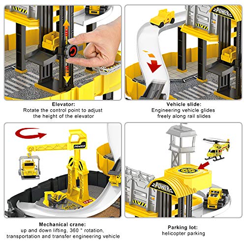 BeebeeRun Construction Vehicles for Kid - Engineering Construction Truck Parking Lot with Race Track,Helicopter,Bulldozer, Mixer Toy for 3 4 5 Year Old Boys, Toddlers, Kids,Children