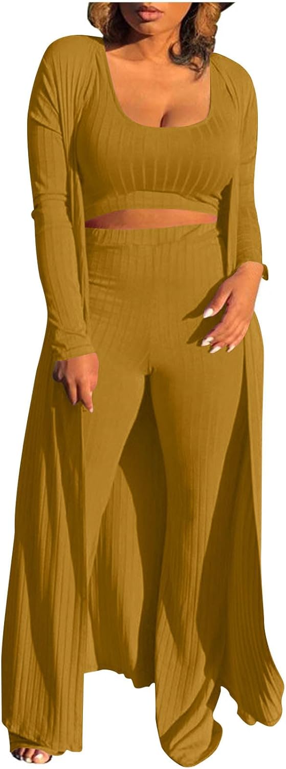 Oplxuo Womens 3 Piece Lounge Outfits Pajamas Sets Ribbed Knit Long Sleeve Cardigan Crop Top Wide Leg Pants Loungewear Set