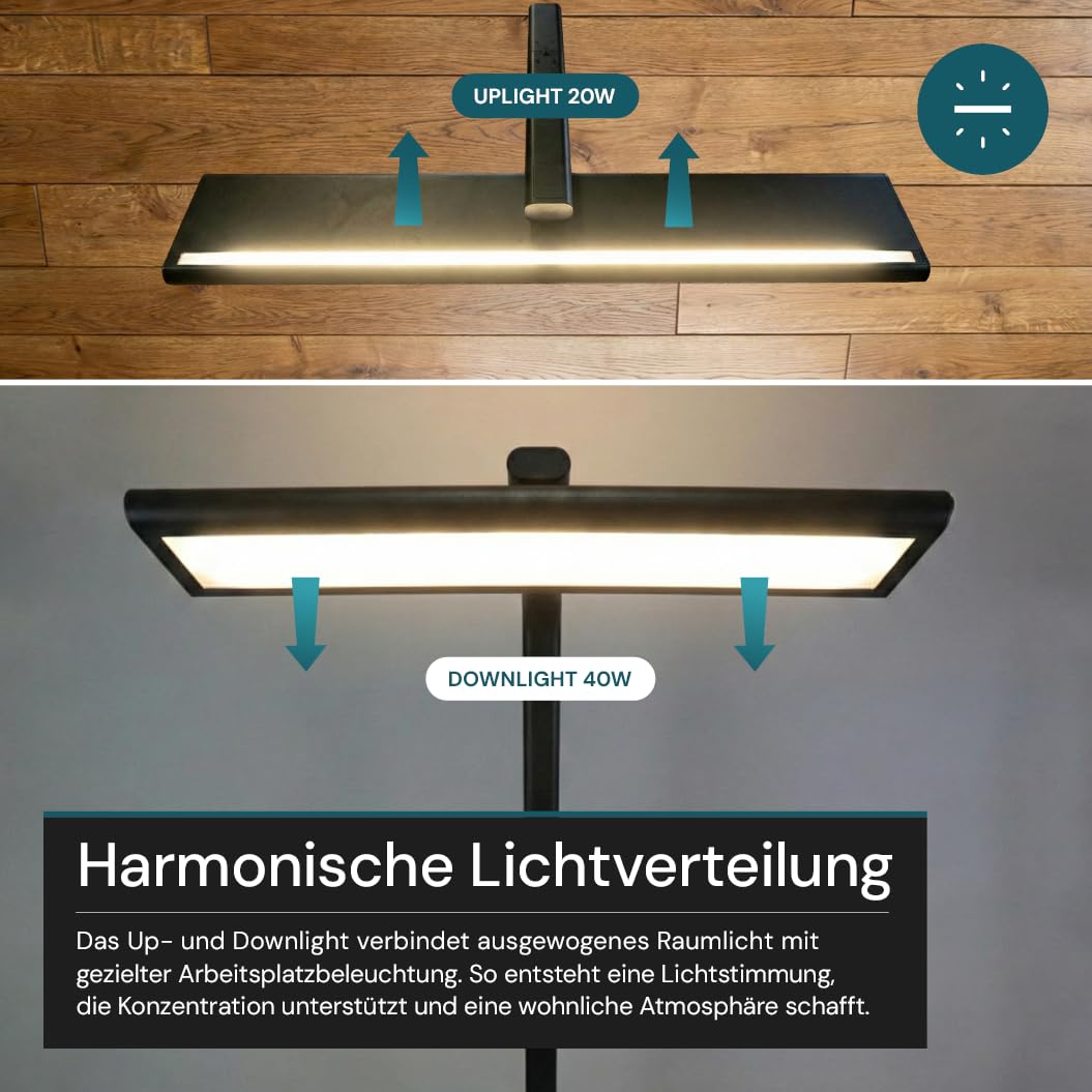 LUXULA LED Büro-Stehleuchte dimmbar, 60 W 3500 lm, 4000K Neutralweiß, Up/Downlight, UGR<16, CRI98, Touchbedienung, blendfreies Licht, Monitor, Büro, Arbeitszimmer, Homeoffice, modernes Design, Schwarz