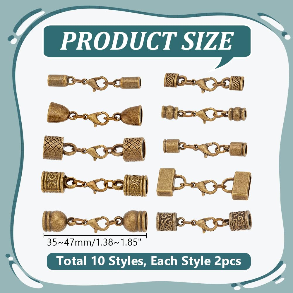PH PandaHall 10 Styles Tibetan End Caps, 20 Sets Leather Cord End Caps Alloy Tube Barrel End Tip with Lobster Clasp Rope End Caps with Ring Connector for Necklaces Bracelet Jewelry Making