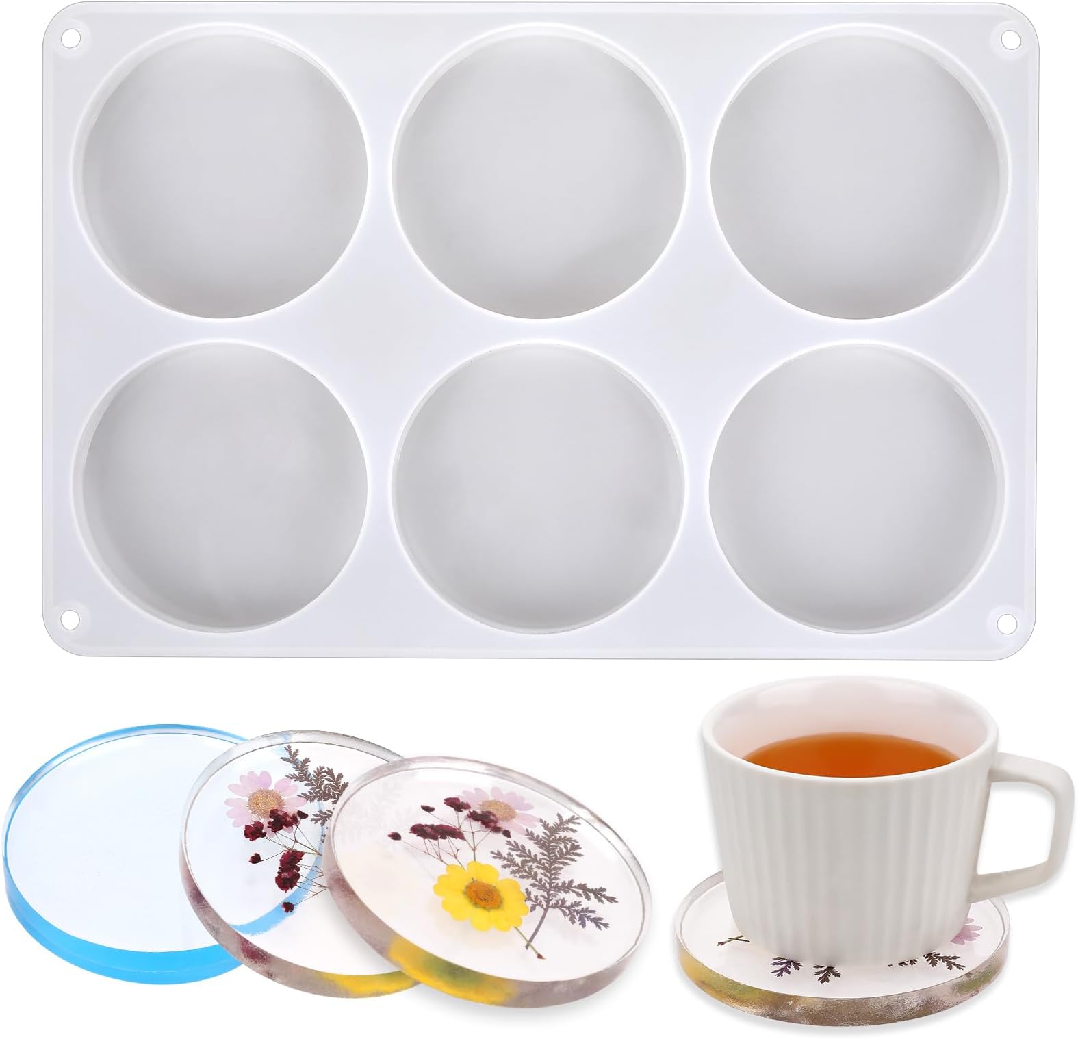 6-Cavity Resin Coaster Molds for Epoxy Resin, Deep Silicone Molds for Flower Bouquet DIY Art Craft (Round)