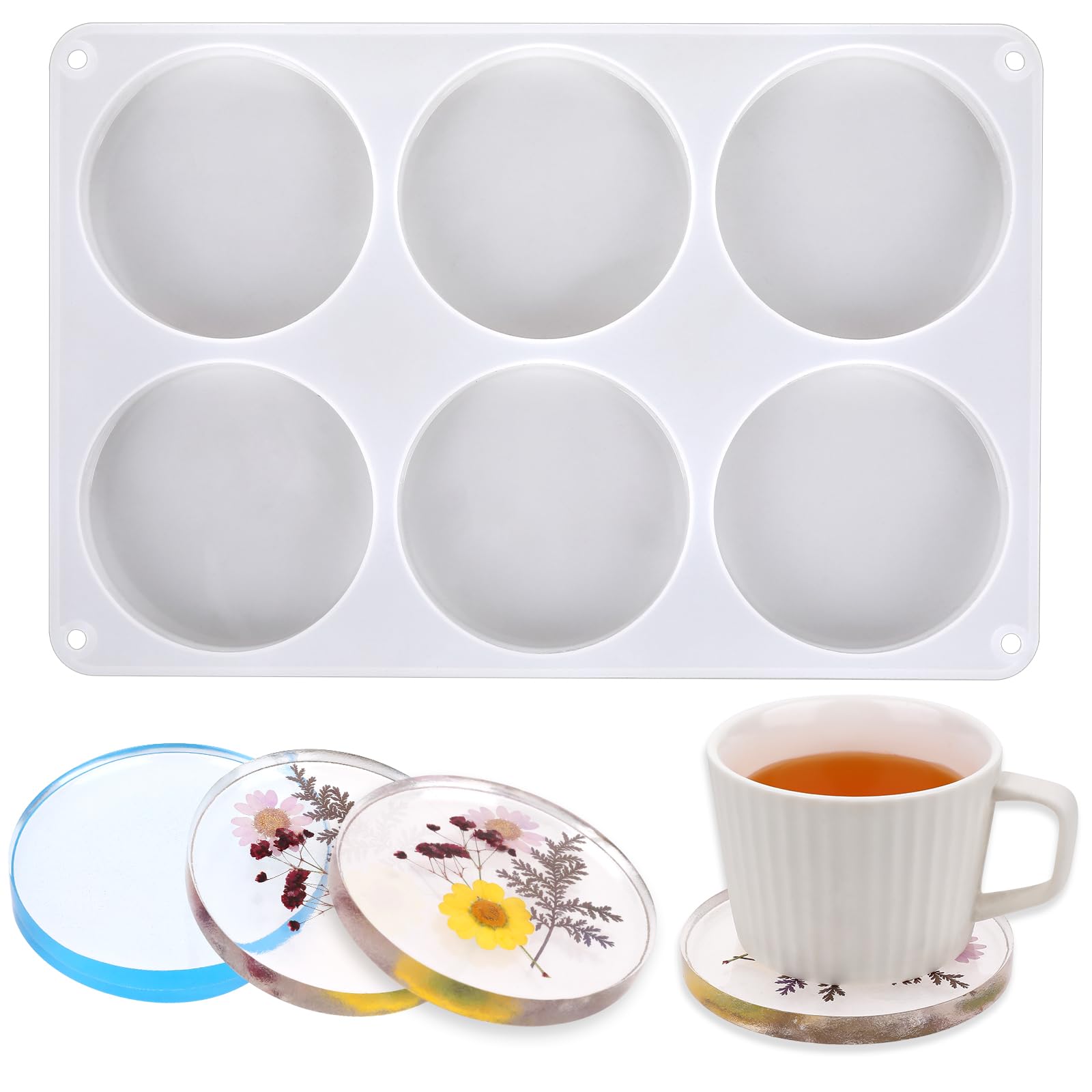 6-Cavity Resin Coaster Molds for Epoxy Resin, Deep Silicone Molds for Flower Bouquet DIY Art Craft (Round)