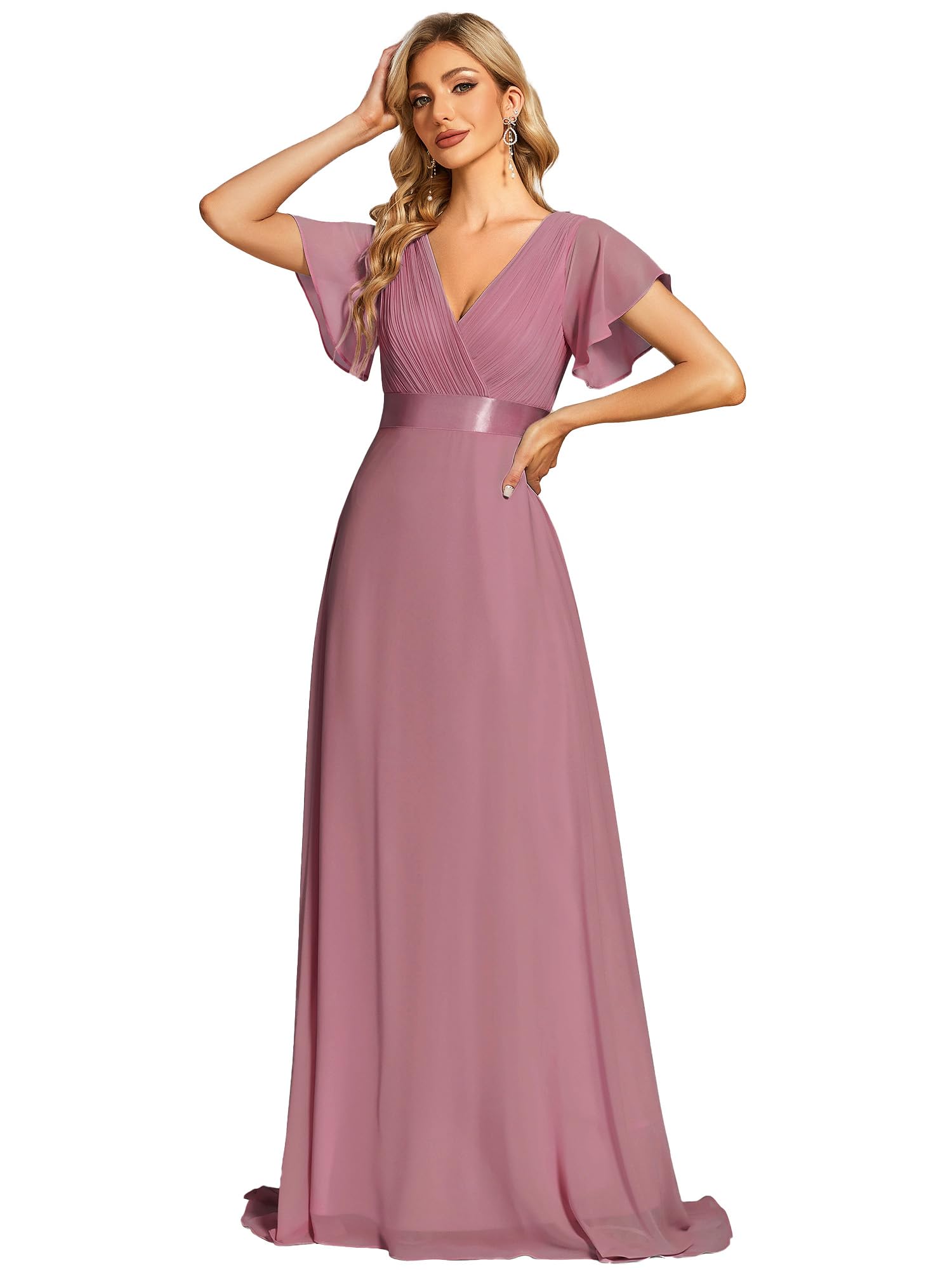 Women's Double V-Neck Short Flutter Sleeves Empire Waist Elegant Chiffon Long Evening Dresses 9890