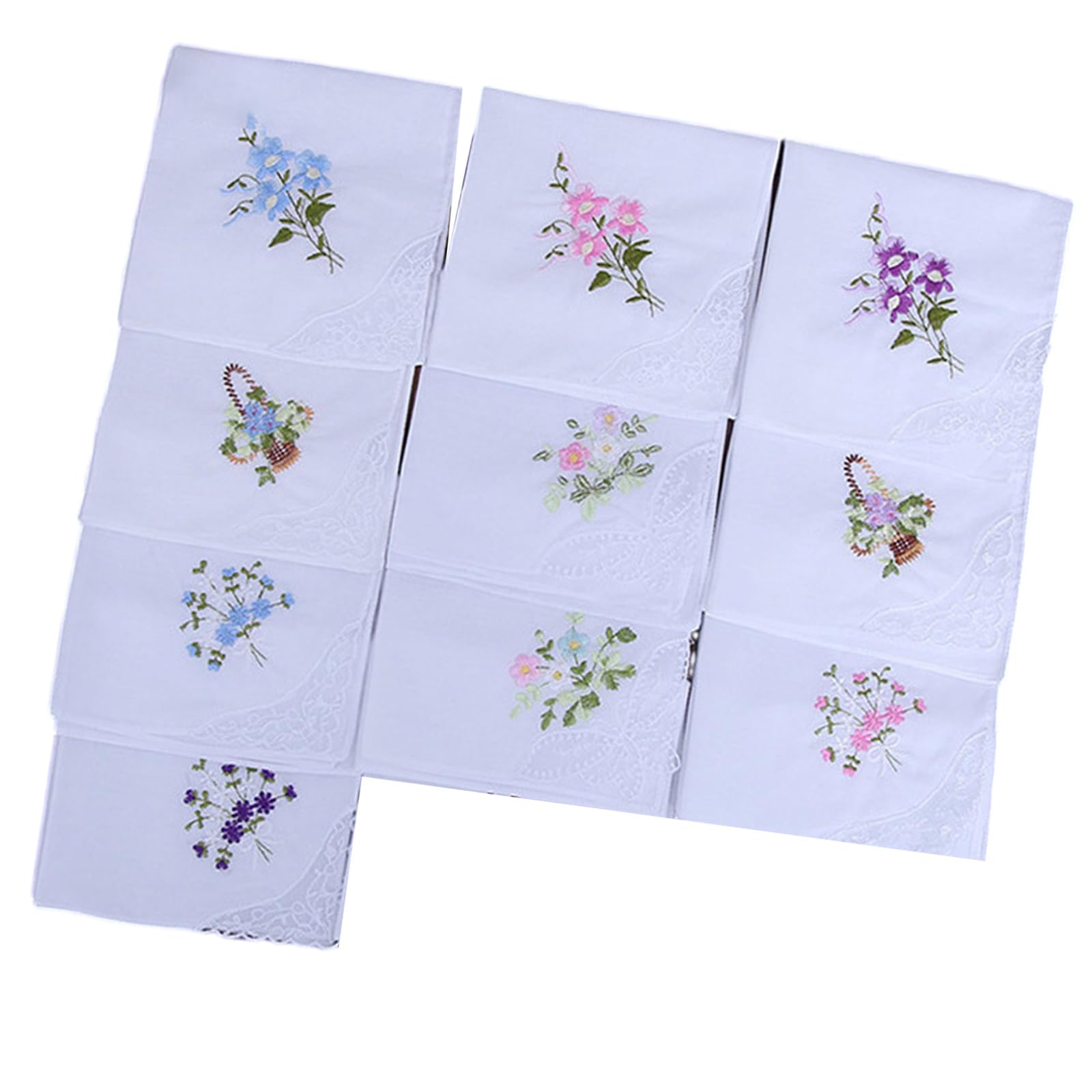 Fentency 10pcs Soft Cotton Handkerchief Embroidered Flower Women Delicate Handkerchiefs for Daily Use