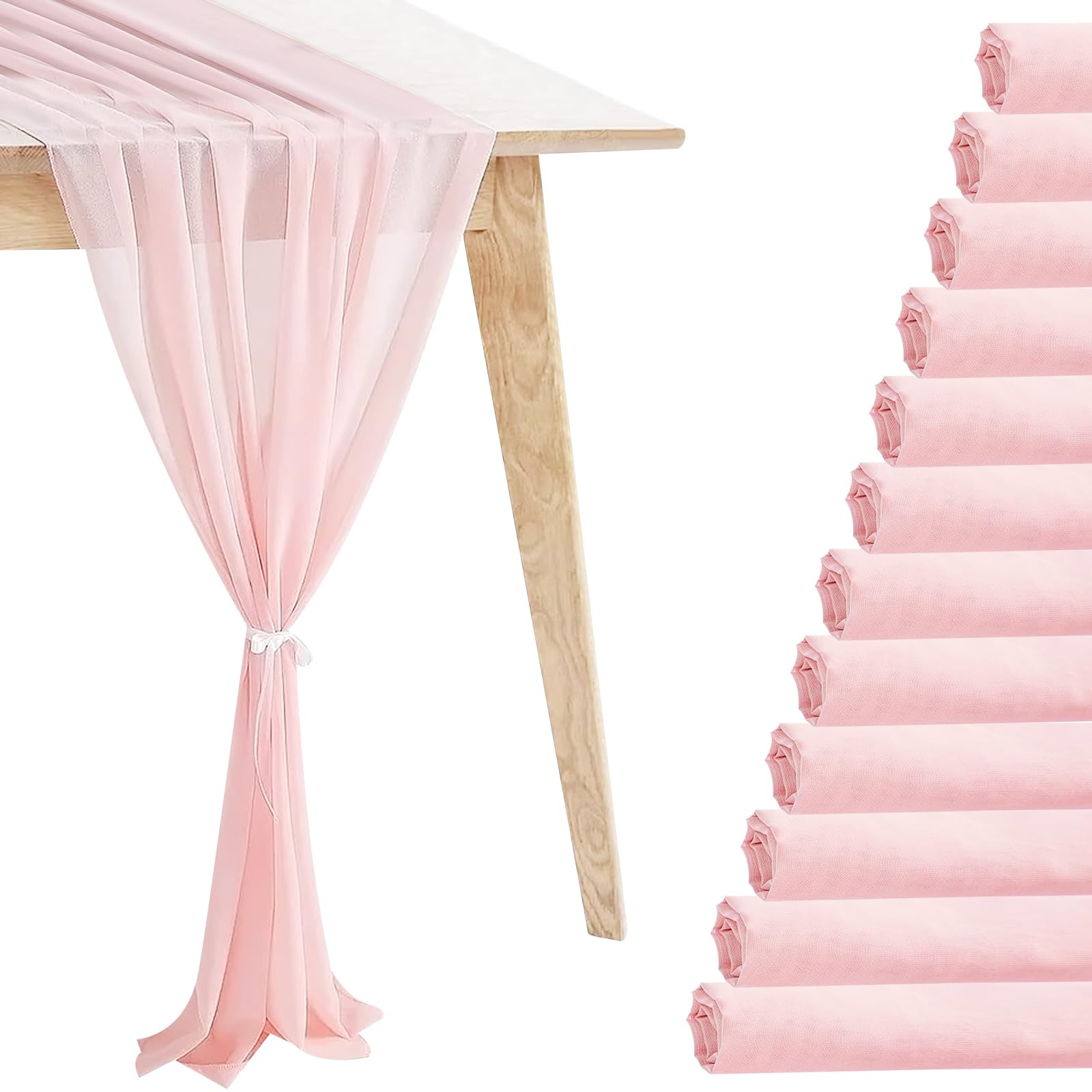 Photo 1 of 12 Pack Baby Pink Table Runner 10ft Romantic Chiffon Table Runner for Wedding Baby Shower and Birthday Party Cake Table Decorations(120 x 12 in)