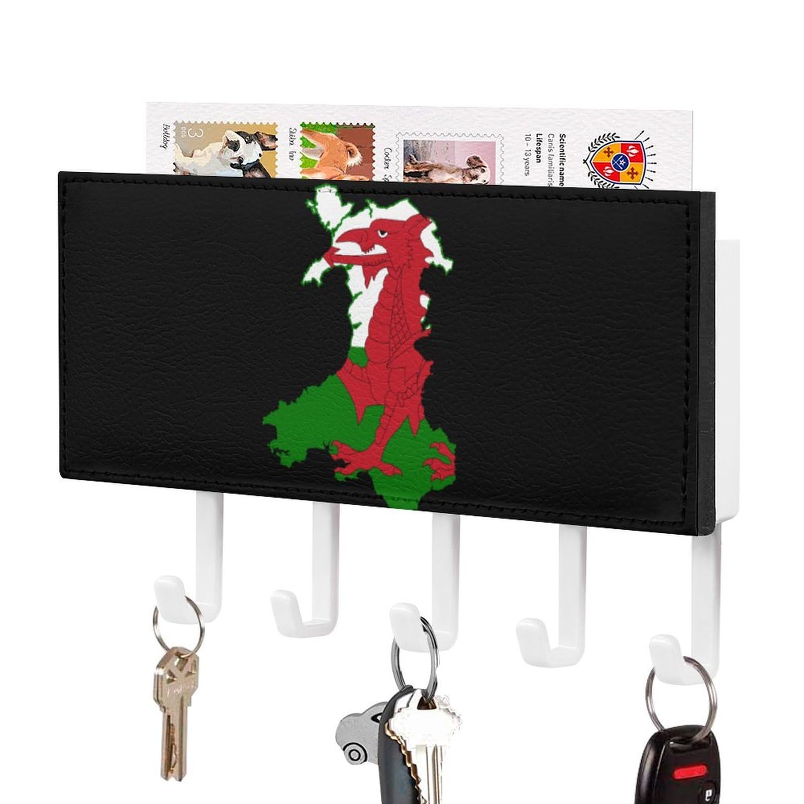 NCLQVJXZKHW Flag Map of Wales Key Holder with 5 Hooks Key Hooks Wall Mounted Key Racks Key Hanger Organiser Shelf