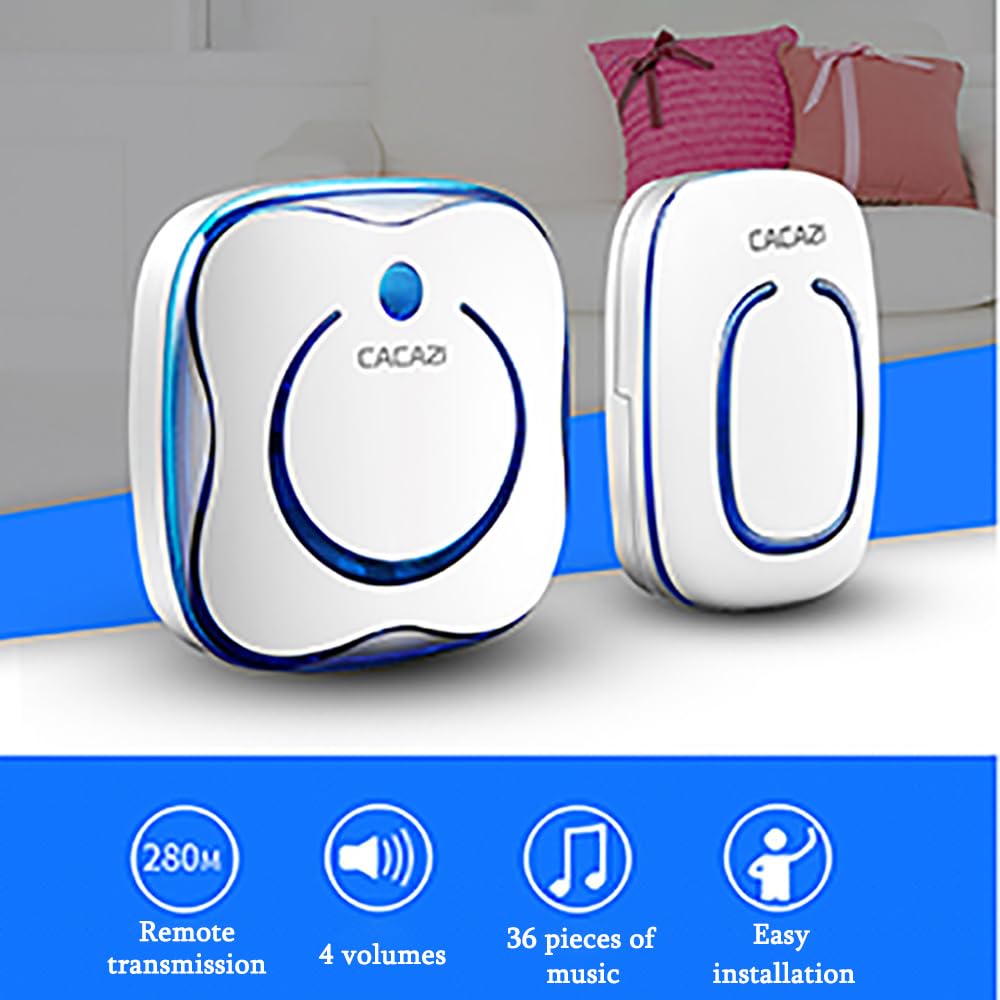 Campanello Senza Fili da Esterno Impermeabile IP66, Wireless Doorbell Bianco con Raggio d'azione 300M, Indicatore LED, 2 Trasmettitori Pulsante e 1 Ricevitori, 4 Volume Regolabile, 36 Suonerie