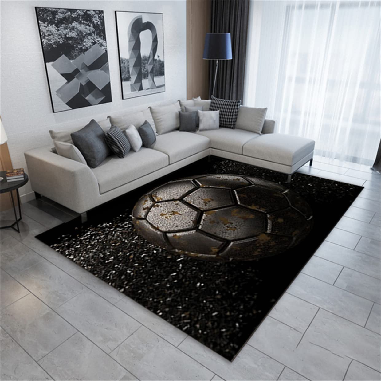 Xisnuient Black Football Rug - 3D Pattern Green Field Carpet - Large Gaming Mat & Nursery Rug - Washable Flannel - 80X120 Cm