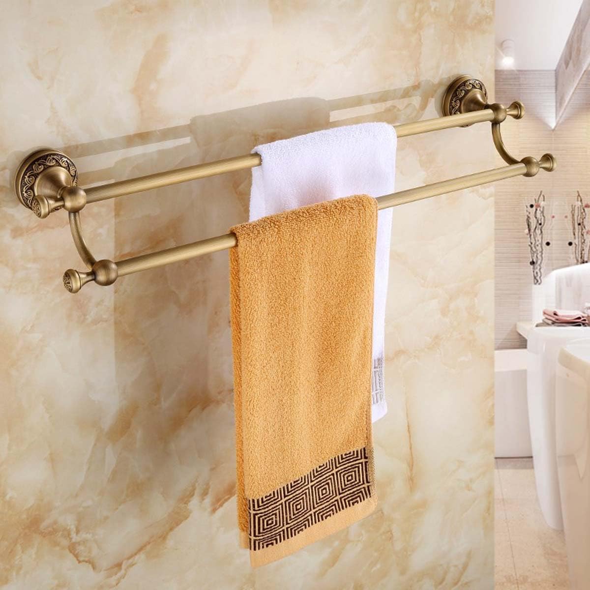 Vintage Towel Rail Bar Double Layer Brass Antique Holder Wall Mounted, Brushed Bronze Towel Bar with Braiding Carvings, Bathrobe Towel Rail for Bathroom Toilet (60cm)