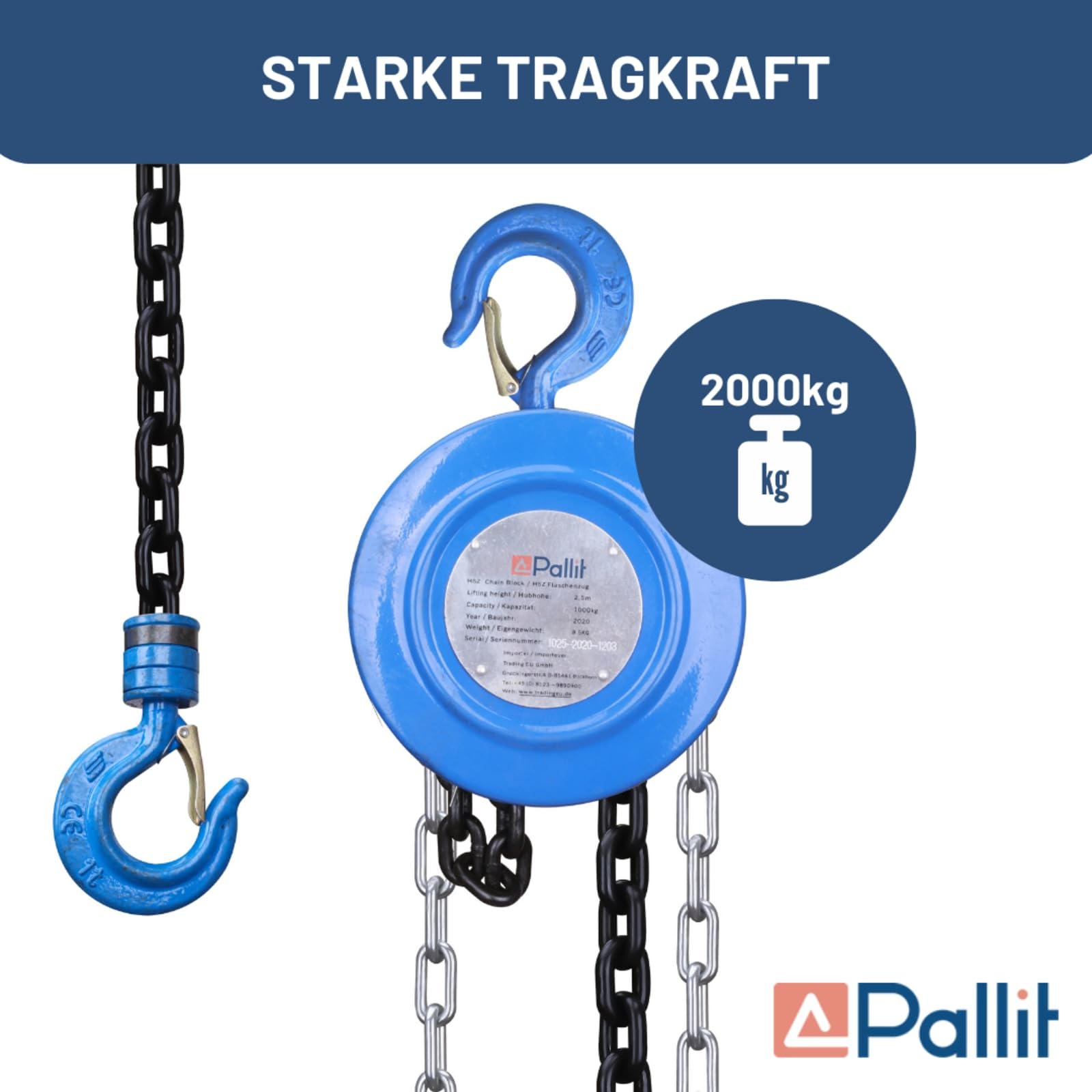 Pallit Paranco a catena CHAIN-M | portata 2000 kg | altezza di sollevamento 2500 mm | robusta catena | con gancio rotante a 360°
