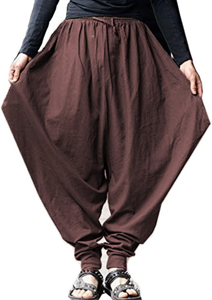 Men's Harem Pants Loose Stretchy Waist Casual Hippie Trousers One Size Brown