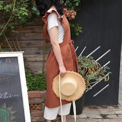 Miniatura 3 de OBEEII Delantal de lino de algodón para mujeres y niñas, vintage, para hornear, cocinar, jardinería, trabajo, delantal, vestido con bolsillos